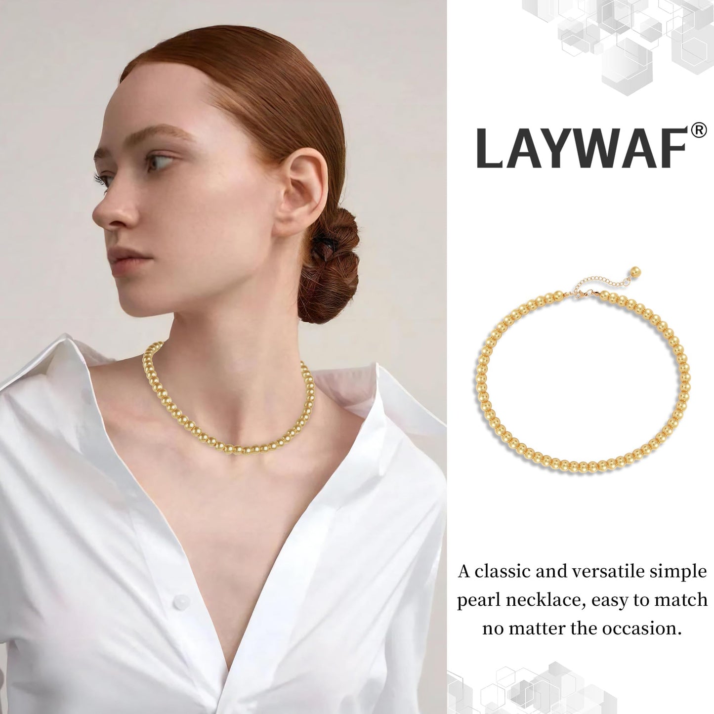 LAYWAF Imitation Pearl Necklace for Women Mom Wedding Bride, Fake Pearl Choker Yellow Necklace, 8MM Beaded Necklace, Simple Faux Pearls Jewelry, Costume Pearl Accessories