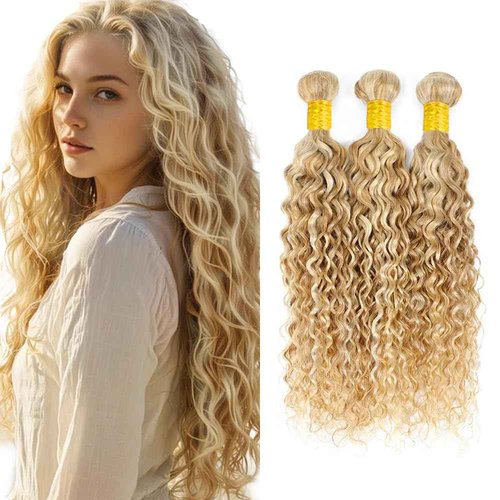 LadrXadr P27/613 Human Hair Bundles - 26, 28, 30 inch Honey Blonde Water Wave Bundles - Grade 8A Remy Blonde Bundle
