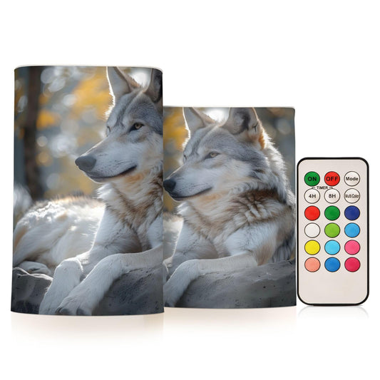 ALAZA Lovely Wolf Real Flickering Flameless Candles Battery Operated with Remote Timer,Tea Light Candles LED Pillar Votive Candles Set of 2 for Outdoor
