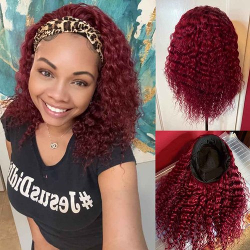 Kislemon Curly Headband Wig for Black Women, Ombre Dark Red 100% Unprocessed Human Hair Wigs, Burgundy Color Red Wine None Lace Front Wigs with Headband (24'', 1B/Burgundy, Curly), Ombre 1B/99J, Curly