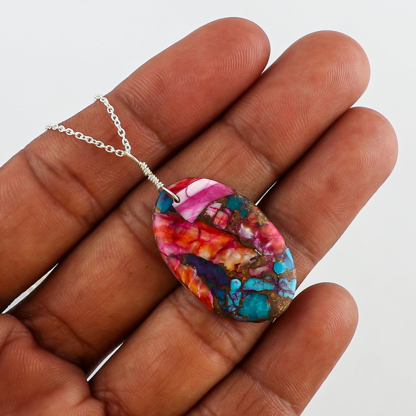 Yashee Natural Turquoise Oval Shape Crystals Pendant Necklace, Chakra Energy Healing Gemstone, Real Crystal, Top Grade, Beautiful Women Simple Jewelry, Dainty Silver Plated Jewelry 18 inch