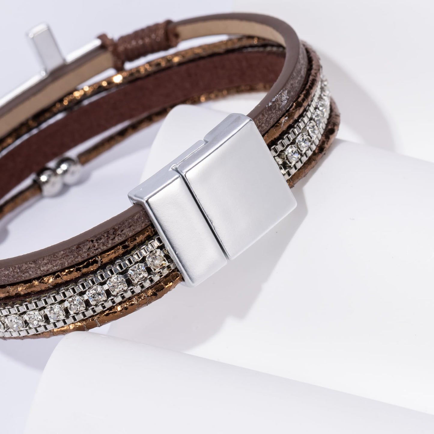 Becklynn Boho Leather Wrap Bracelets Beaded Crystal Stackable Cuff Bracelet with Magnetic Clasp Cowboy Cowgirl County Concert Outfits Western Jewelry Gifts for Women(Cross Brown)