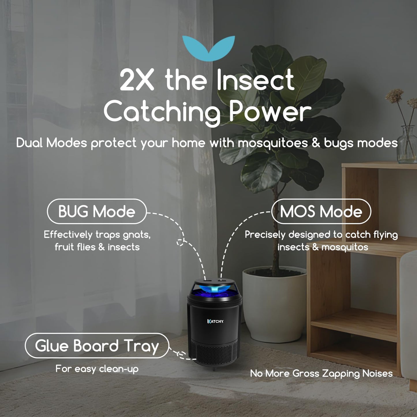 Katchy Indoor Flying Insect Trap – Catcher & Killer for Mosquitoes, Fruit Flies, Gnats & Moths – Non-Zapper with Suction & Blue Light – Ideal for Indoor Spaces, Kitchens & Plants (Original, Black)