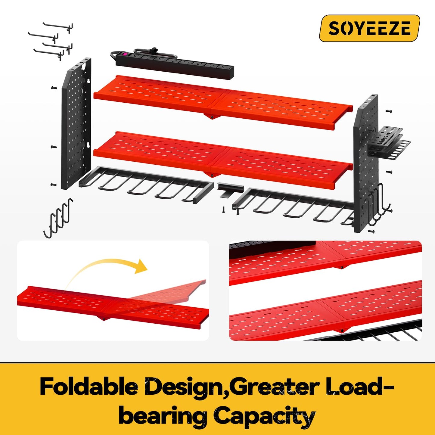 SOYEEZE Large Power Tool Organizer Wall Mount with Charging Station, 3 Layer Heavy Duty Metal Tool Storage Rack with 8 Drill Holder, Tool Holder Built in 8 Outlet Power Strip-Red