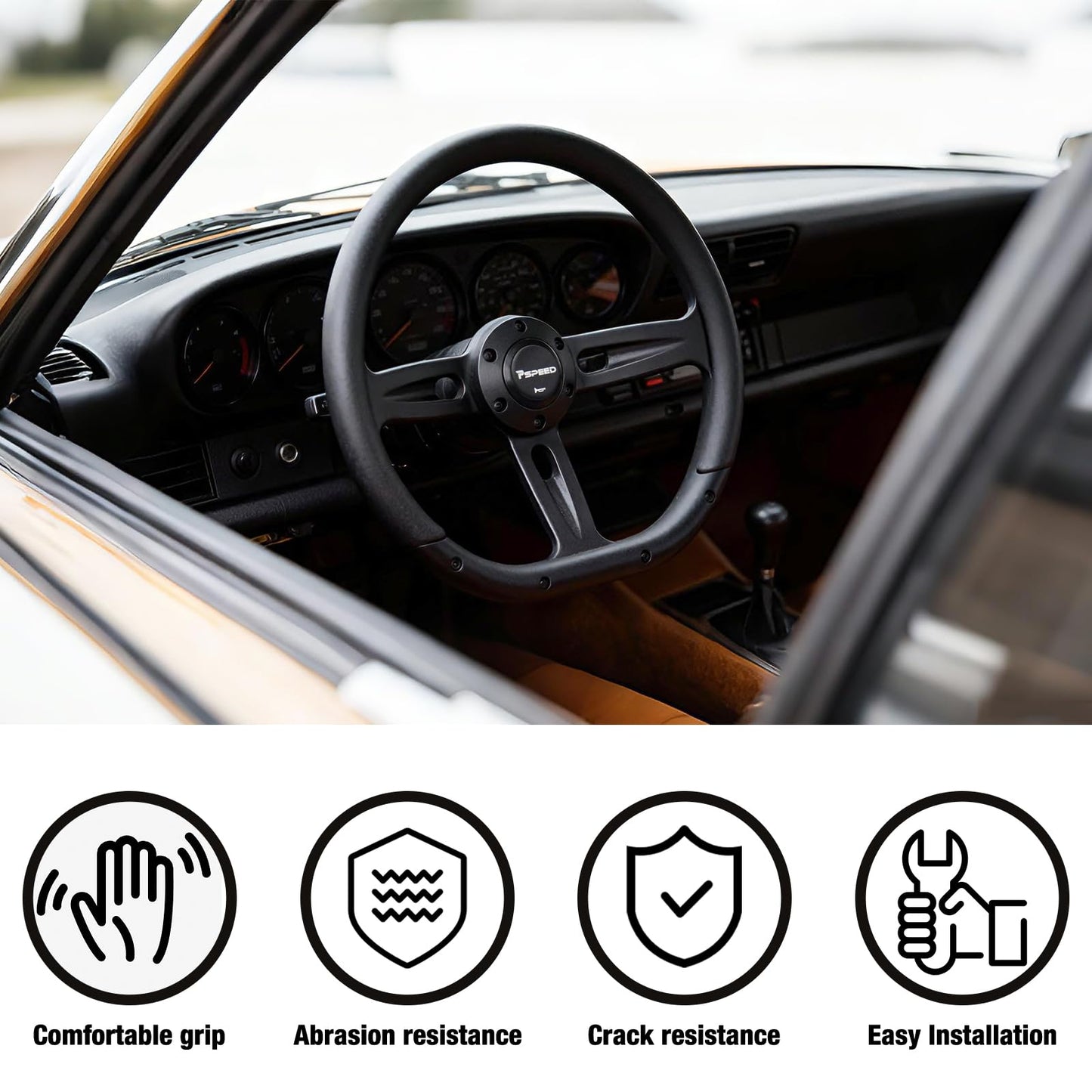 Pspeed 14 inch Universal steering wheel, D-shaped,6 Bolt 3 Spokes Deep Dish 50mm with Aluminum Alloy Matte Black Spokes Black Leather Grip for Cars, for Racing Car,for Classic Car steering wheel