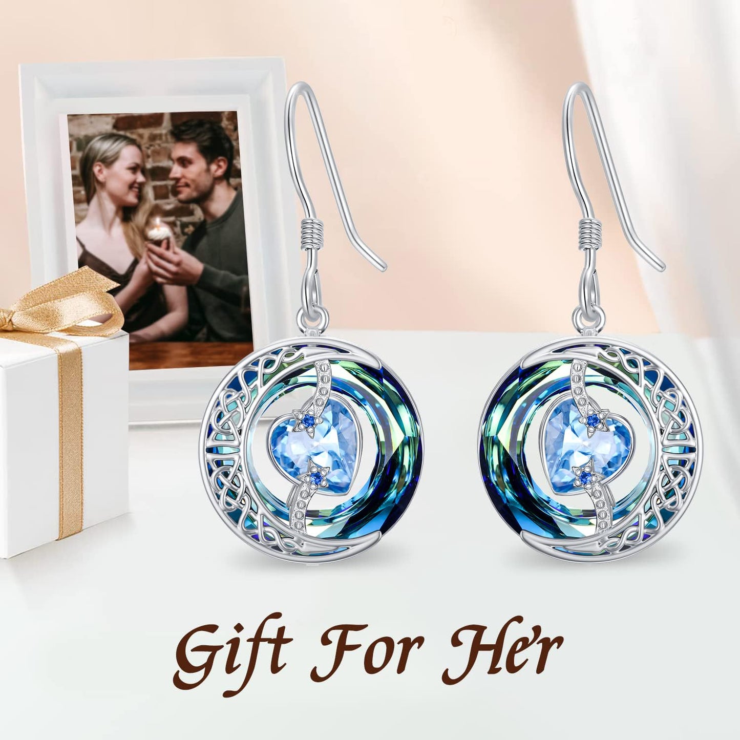 TOUPOP Aquamarine Earrings March Birthstone Earrings Sterling Silver Moon and Star Drop Dangle Earring Jewelry Blue Crystal Birthday Mothers Day Gifts for Women Mom Her