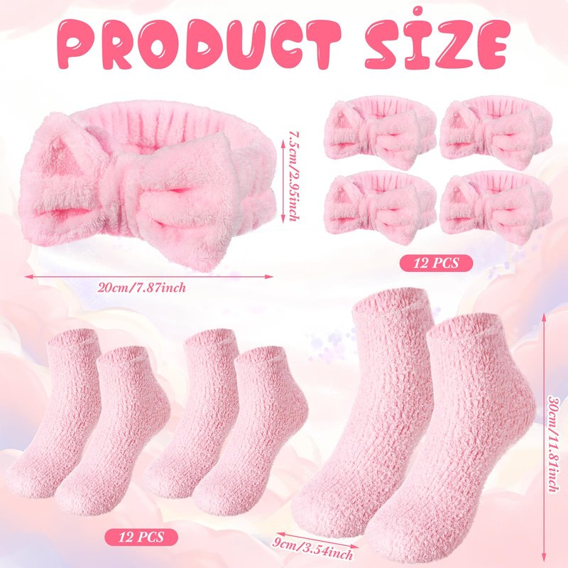 Shyyween 24 Pcs Pink Spa Party Favors Sleepover Party Supplies for Girls Include 12 Spa Headband, 12 Fuzzy Socks for Valentine Galentine Slumber Bachelorette Pajama Gift