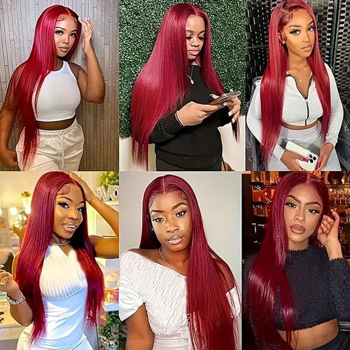 LUOSIWLD 99j Lace Front Wigs Human Hair Glueless Transparent Wigs for Women Burgundy Straight 150% Density 13×4 HD 24 inch