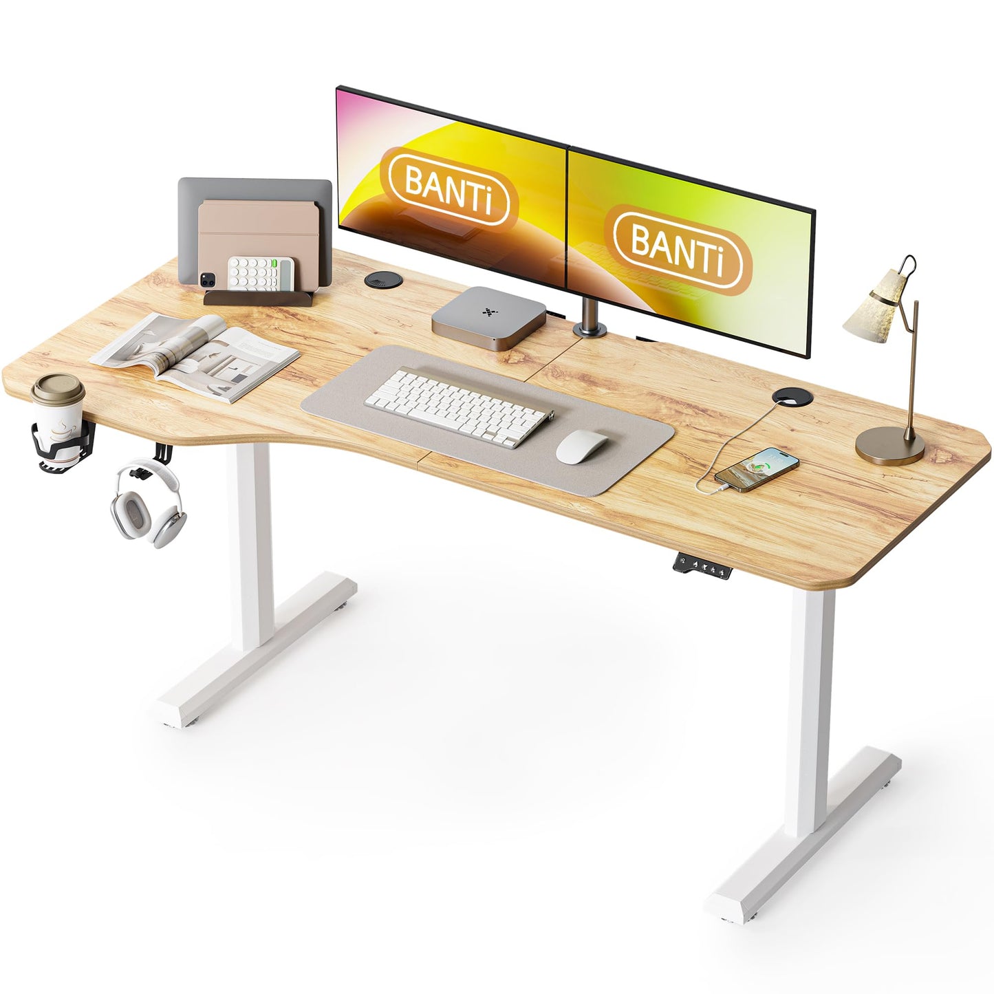 BANTI 63"x28" L Shaped Standing Desk, Electric Stand up Height Adjustable Home Office Table, Sit Stand Desk, Light Rustic Brown Top