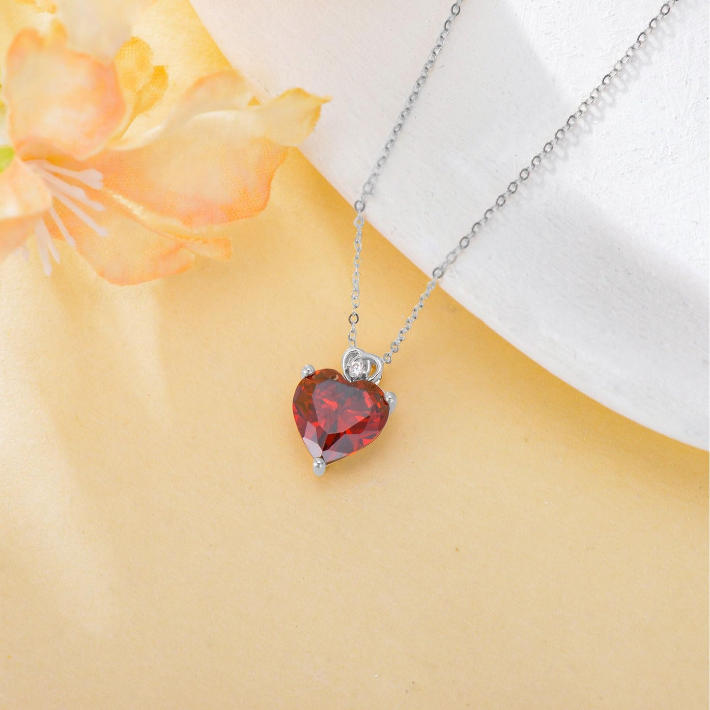 NFYBD 14k White Gold Love Heart Garnet Birthstone Pendant Necklace for Women 3 Carat Heart-cut Created Gemstone Anniversary Birthday Mother's Day Necklaces for Her-jan