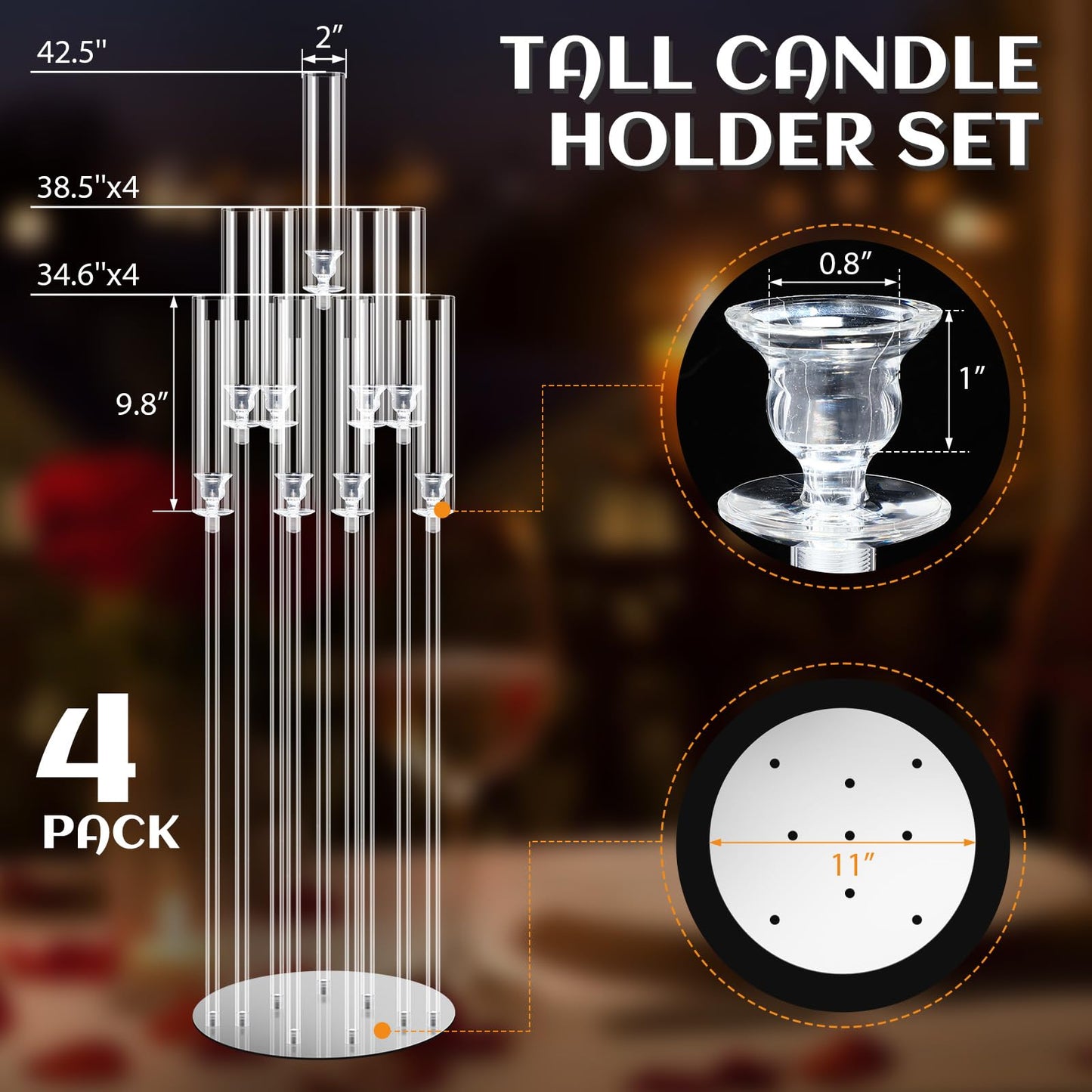 Tessco 4 Pcs 9 Arm 42.5" Acrylic Candelabra Table Centerpiece Floor Candelabras Clear Candle Holder with Removable Lampshade Wedding Candelabra Centerpiece Fit 0.8 LED"