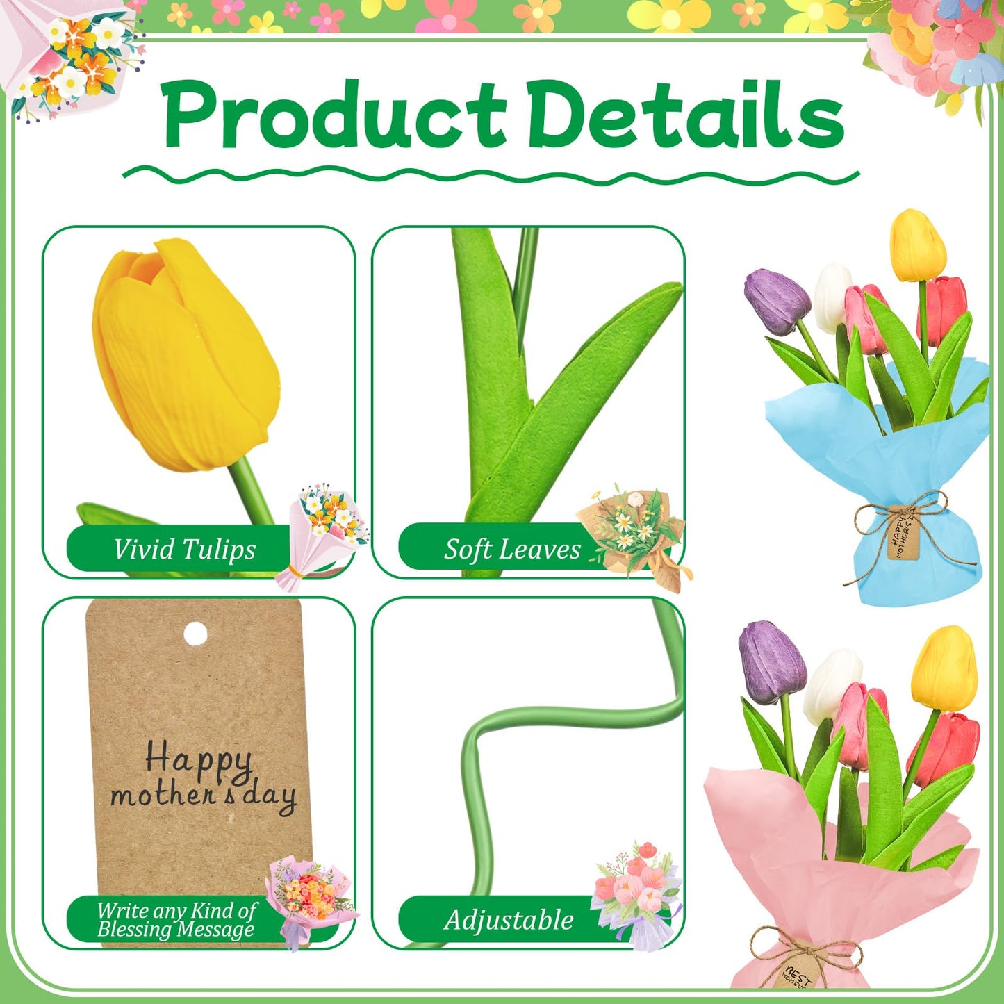 Cinrobiye 6 Set End of School Year Tulip DIY Bouquet Kit Last Day of School Teacher Appreciation Gift Artificial Flower Craft Set with Wrapping Paper Cards Spring Table Centerpieces Decor