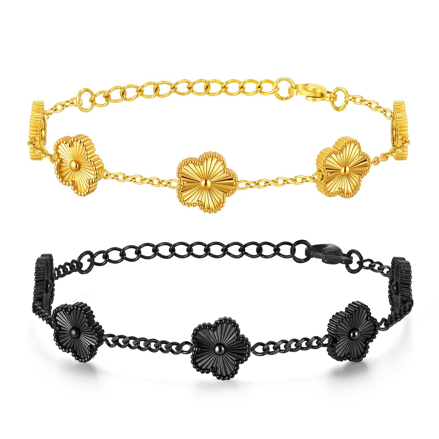 VNOX 2 PCS Floral Bracelets for Men Women -Womens Mens Stainless Steel Gold Cuban Chain Link Bracelet Lucky Charm Four Clover Flower Bracelets Trendy Jewelry Gifts，9