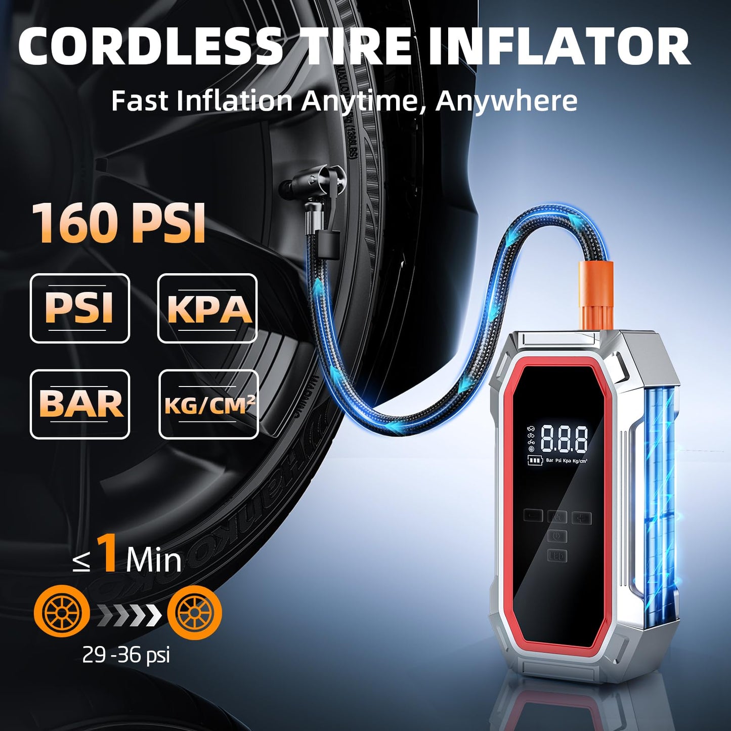 Jump Starter with Air Compressor, 5000A Peak Car Battery Jump Starter(9.0 Gas/8.0L Diesel), 160PSI 12V Jump Box Car Battery Jumper Starter Portable with Smart Jumper Cables, LED Lights, LCD Display