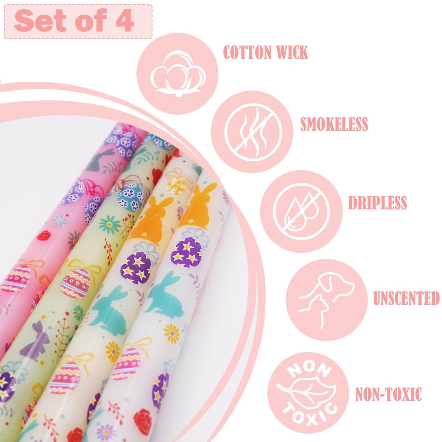 FYBW 4 Pack Easter Printed Taper Candles, 10" Long Decorative Candles with Spring Bunny & Egg Design Decorative Candles for Easter Table & Home Decor"