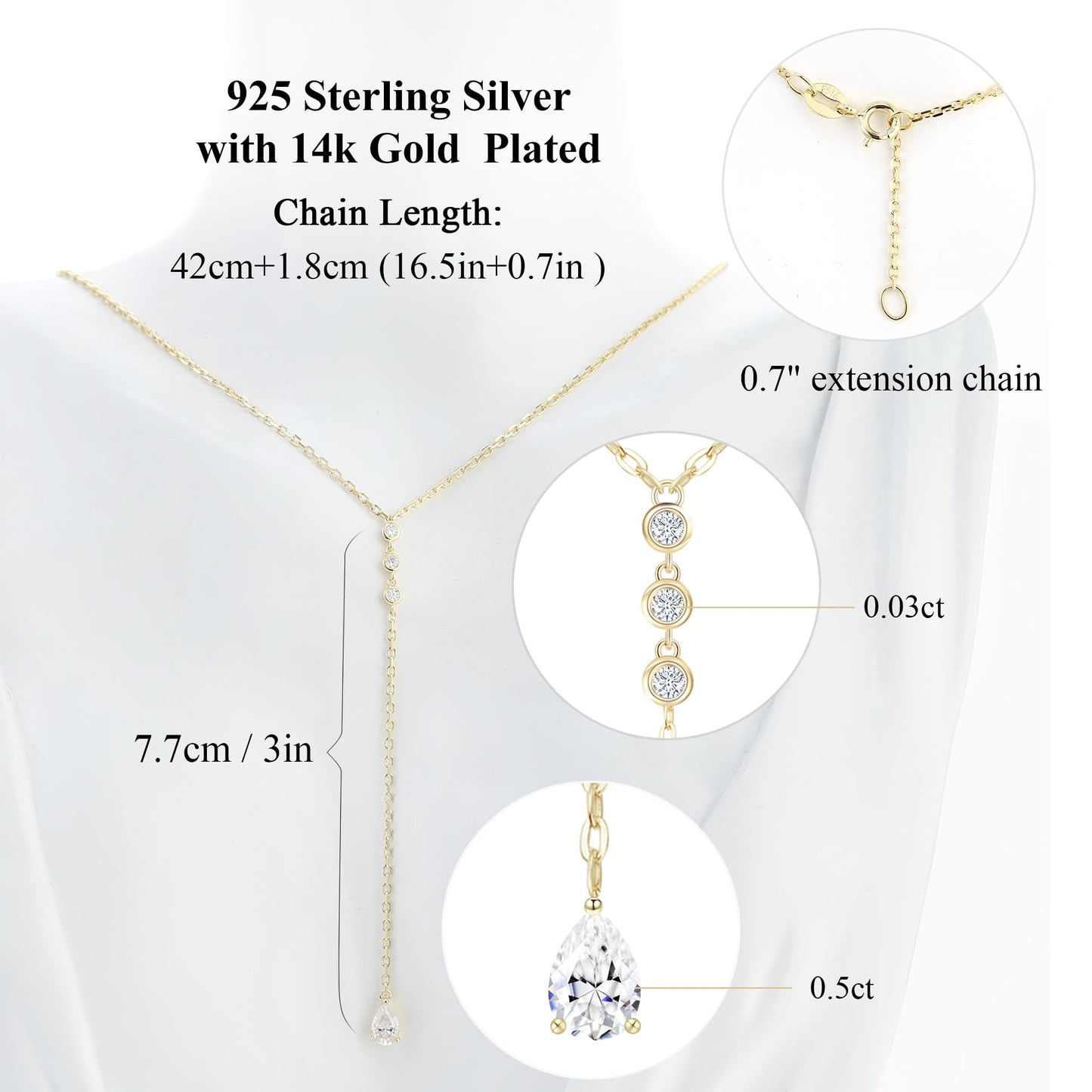 TWTWIO Moissanite Pendant Necklace for Women, D Color VVS1 Clarity 0.62CT S925 Sterling Silver Lariat, 14K Gold Plated, Valentine's Day Jewelry Gift for Her