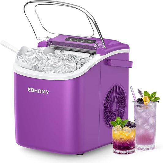 EUHOMY Countertop Ice Maker Machine with Handle, 26lbs Per Day, 9 Ice Cubes Ready in 6 Mins, Auto-Cleaning Portable Ice Maker with Basket and Scoop, for Home/Kitchen/Camping/RV (Purple)