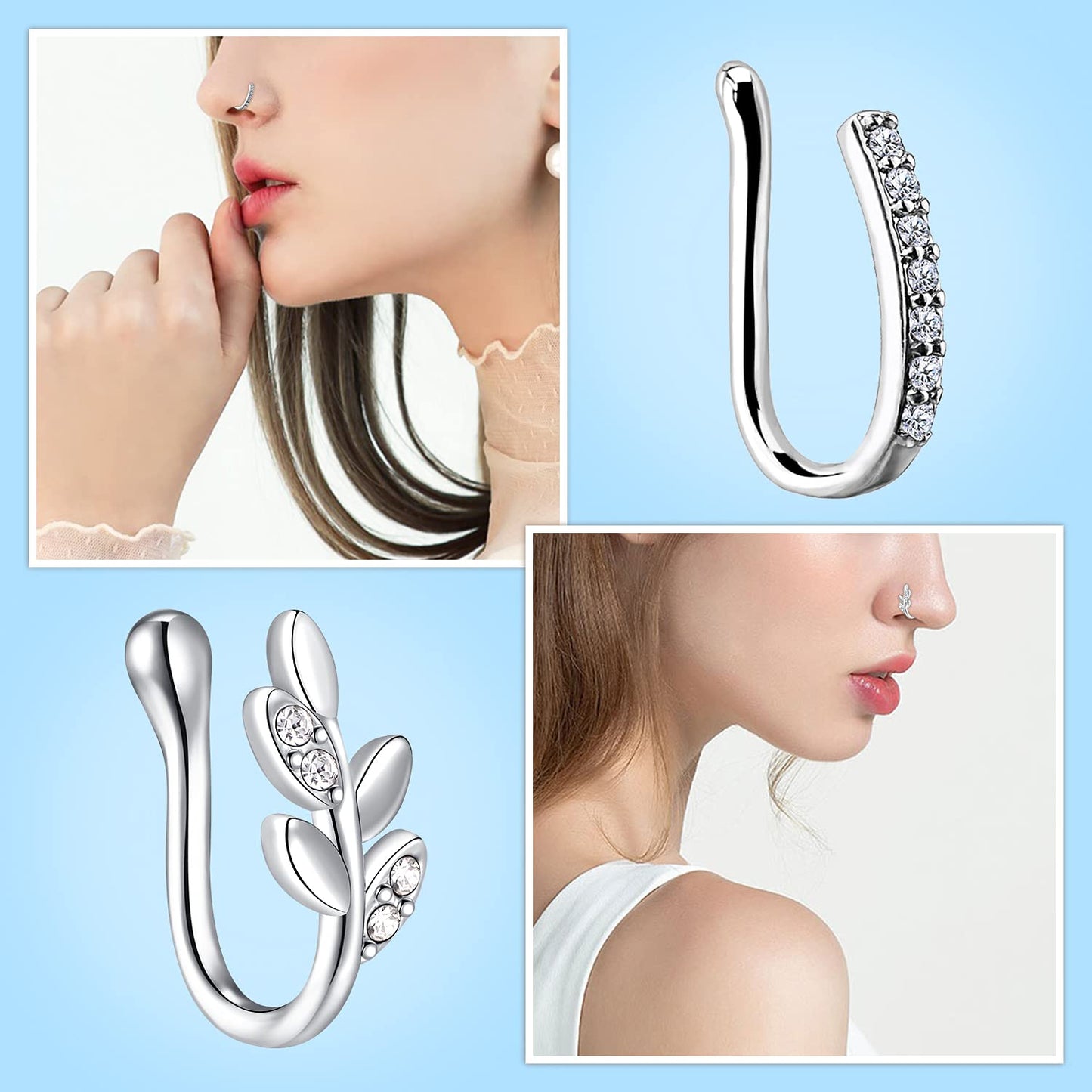 JFORYOU Nose Rings Fake 8Pcs Stainless Steel Inlaid CZ Faux Piercing Jewelry Fake Nose Ring Clip on Circle Hoop No Pierced Nose Ring Jewelry for Women Men