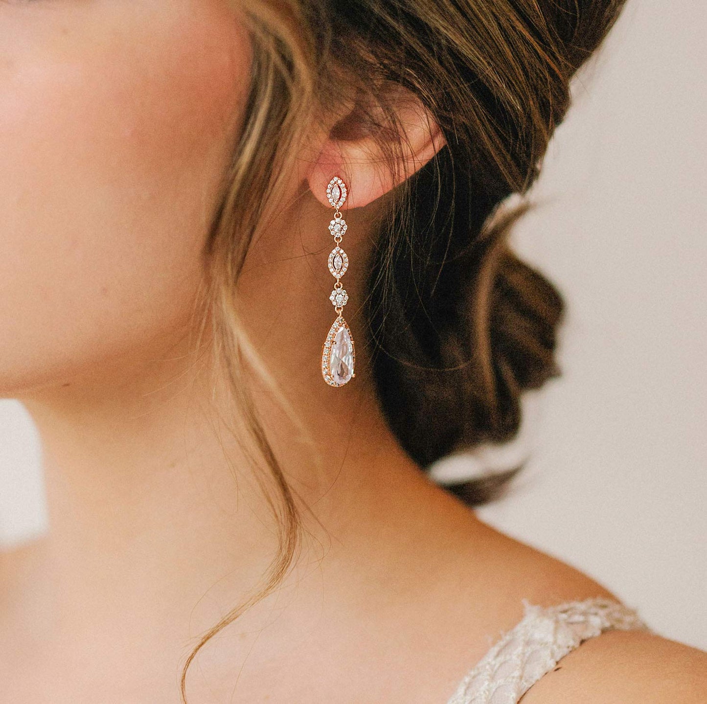 SWEETV Long Pear-Shaped Rose Gold Wedding Birdal Earrings for Brides, Bridesmaids, Crystal Chandelier Dangle Drop Earrings for Women Prom