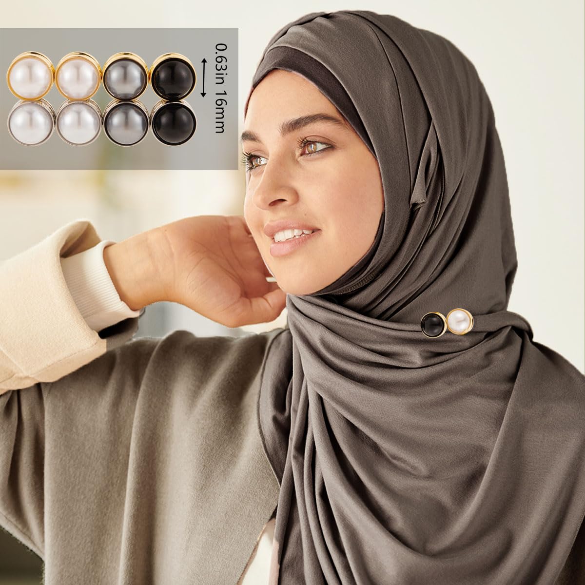 Strong Pearl Safety Magnetic Hijab Pins for Women and Girls - Niqab Clothes Scarves Magnet (D-Black&Grey)