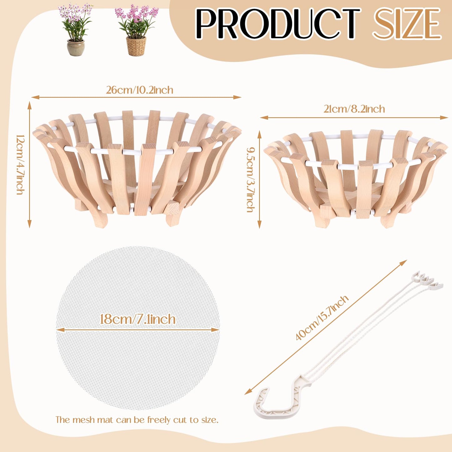 Ferrochef 2 Sets Rustic Orchid Pots with Holes, Orchid Hanging Planter with Hangers, Wooden Lotus Flower Shape 10 & 8 Inch Specialist Hanging Baskets for Outdoor Patio Garden