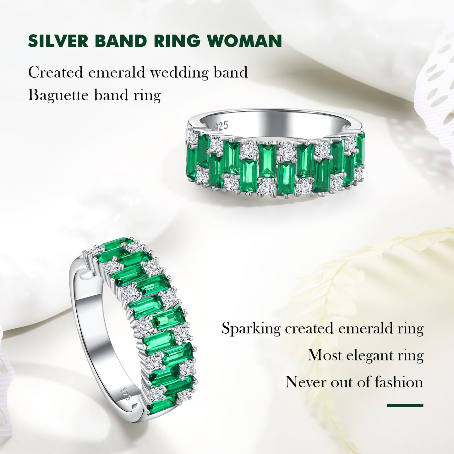 RANDES Emerald Baguette Ring 925 Sterling Silver Band Rings for Women Men Emerald Cut Wedding Band Green Stone Ring Size 7