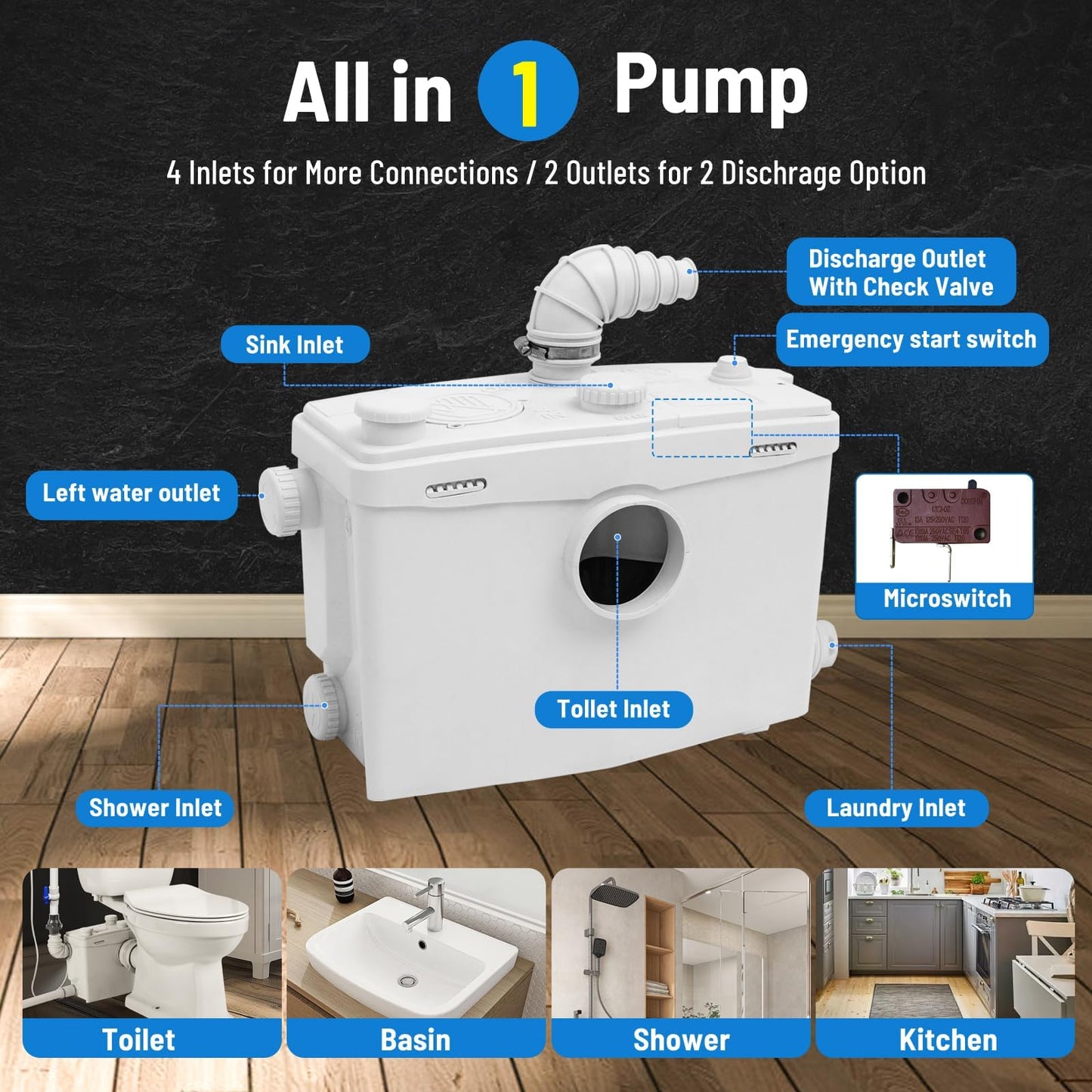 800W Macerating Toilet with Pump–Upflush Toilet System for Basement/Attic, 4 Water Inlets & AC Vent, 36ft Vertical Lift, Dual Flush, Easy Install,17.7" Elongated Toilet