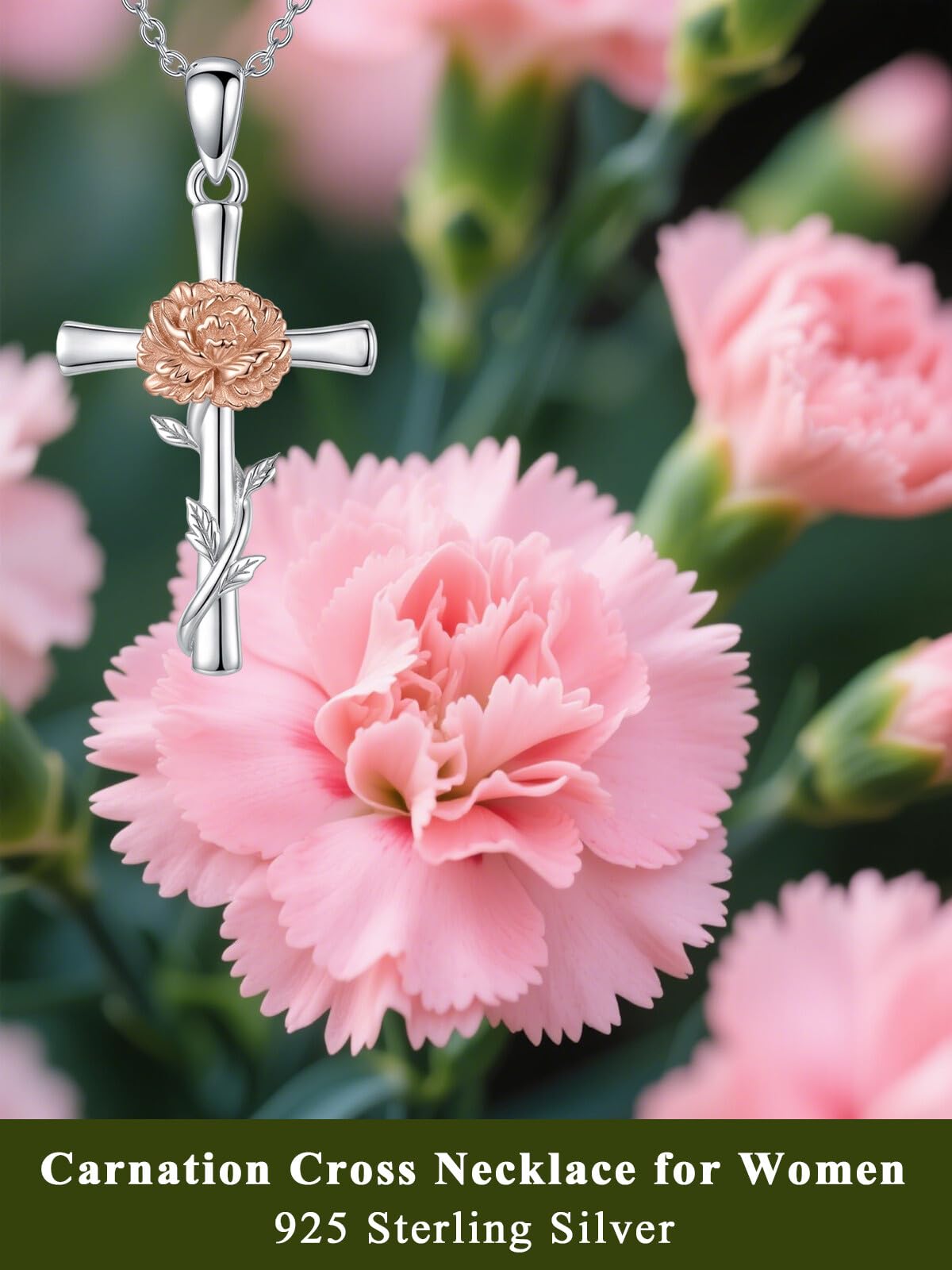 Cargari Carnation Cross Necklace for Women 925 Sterling Silver Carnation Flower Necklace Christian Religious Flower Jewelry Gift for Women