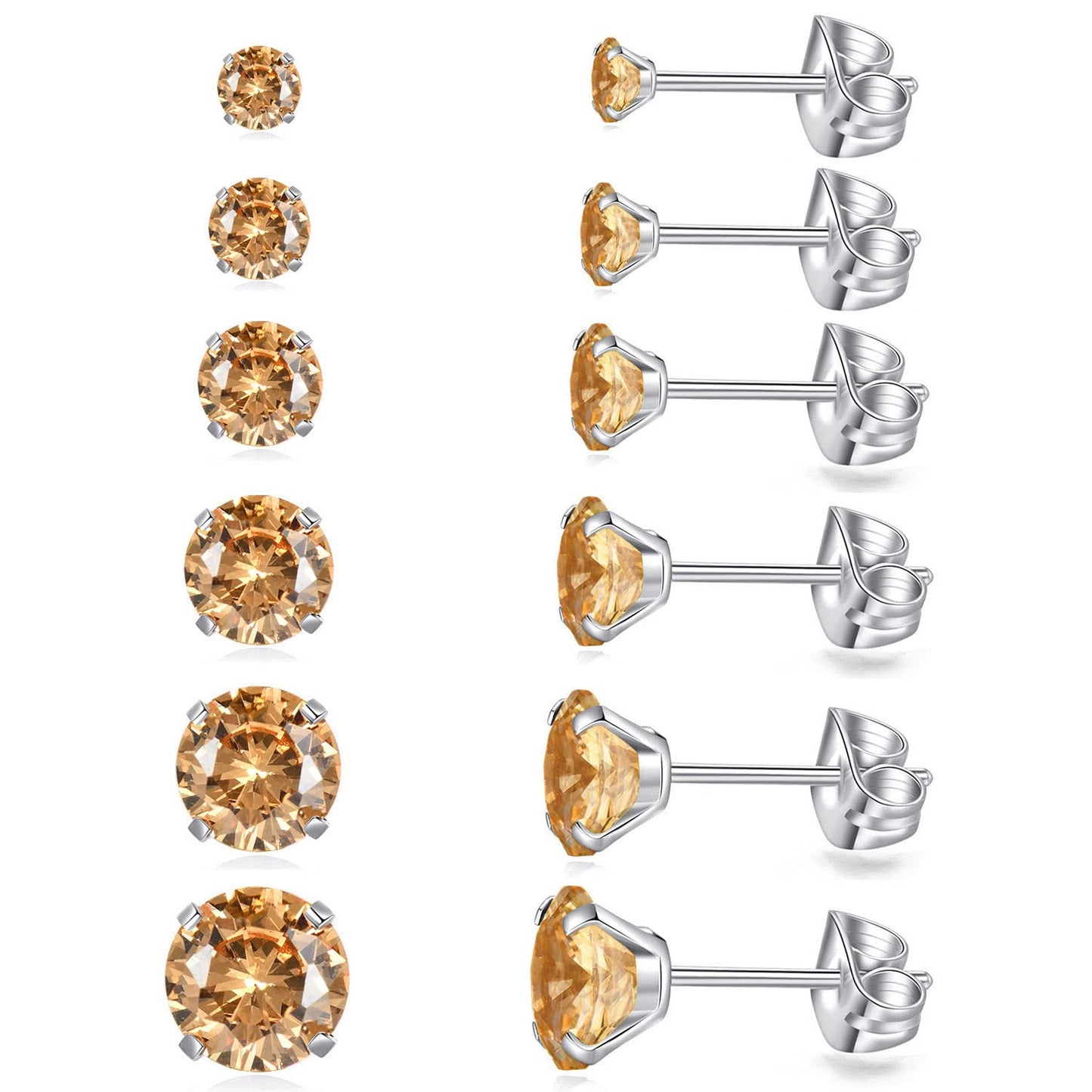 6 Pairs Stud Earrings Set, Hypoallergenic Cubic Zirconia Earrings 316L Stainless Steel CZ Earrings 3-8mm (Champagne CZ)