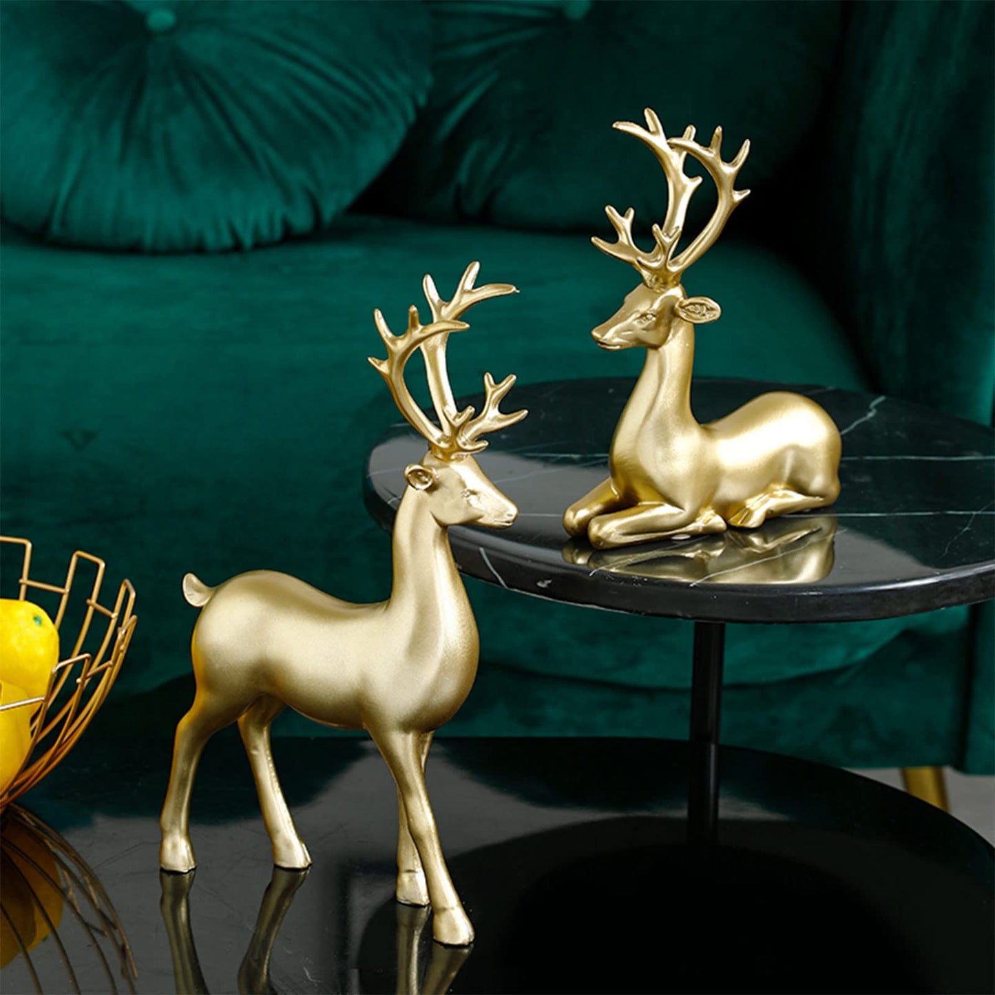 2PCS Carved elk Statue Resin Ornaments, Christmas Reindeer Fortune Seeking Decoration Modern Retro Art Standing and Sitting Posture, Applicable to Living Room and Bedroom (Pure Gold)