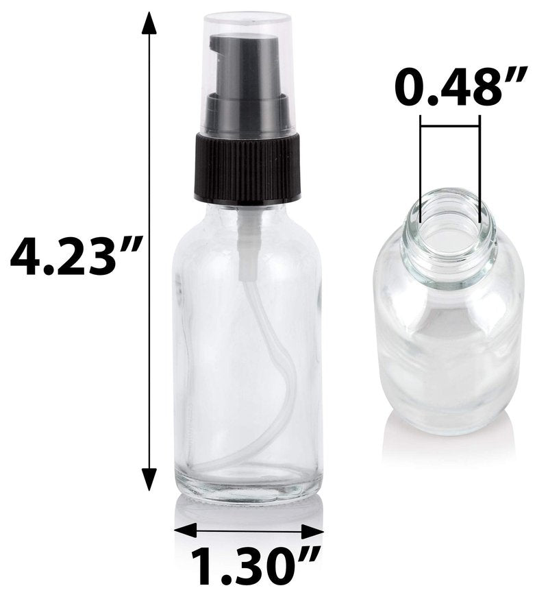 JUVITUS 1 oz / 30 ml Clear Glass Boston Round Bottle with Black Treatment Pump + Funnel (12 Pack)
