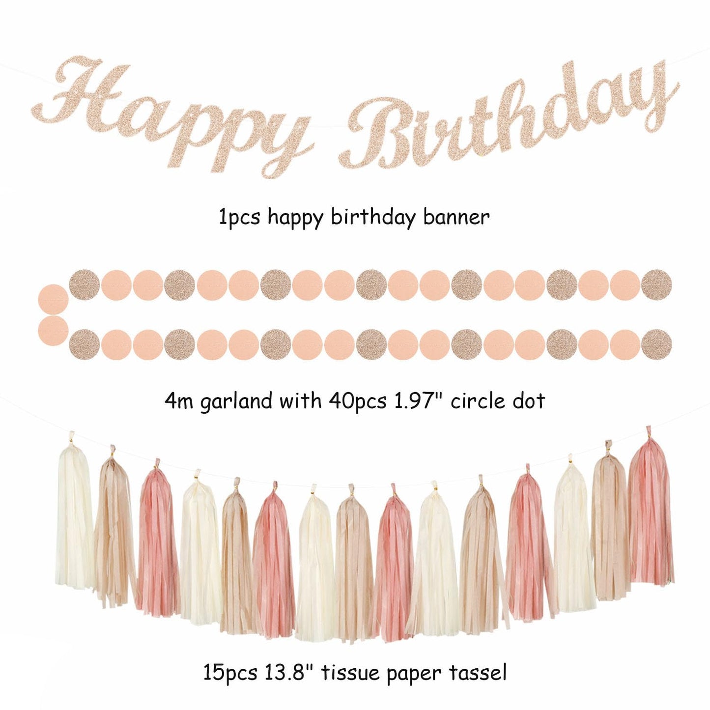 Blush-Pink Champagne Beige Happy-Birthday Party-Decorations - 31pcs 15th Women Girls Paper Lanterns Streamers Banner,Rose Gold Tissue Flowers Pom Poms Fans Tassels Graland Decor Supplies Hugmoon