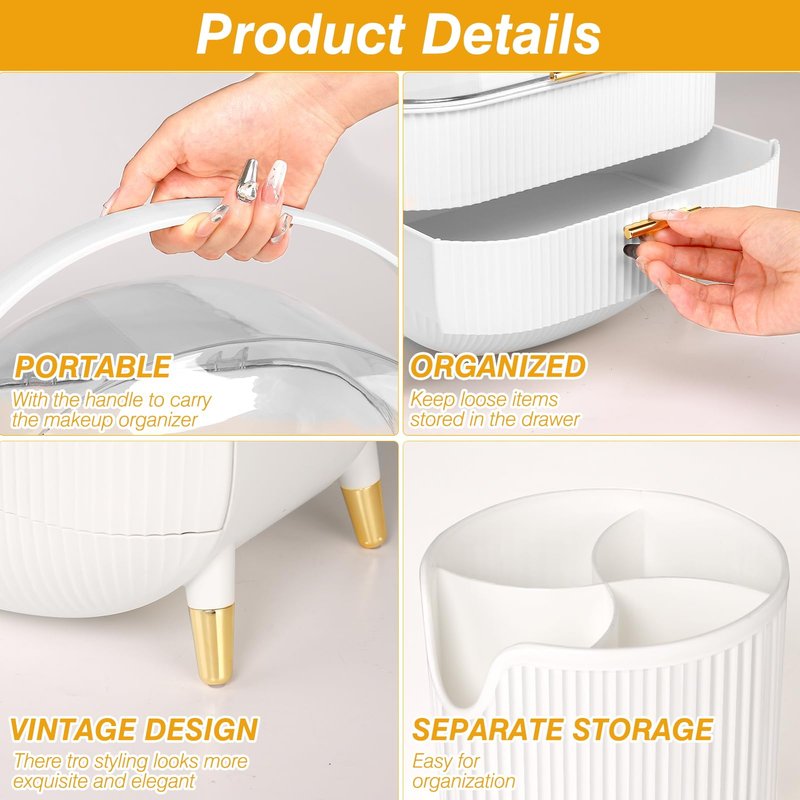 Haturi Makeup Organizer, Skincare Organizers w/Brush Holder, Cosmetics Organizer with Drawers, Waterproof & Dustproof Makeup Organizer for Vanity, Preppy Skin Care for Bathroom, Dresser, Countertop