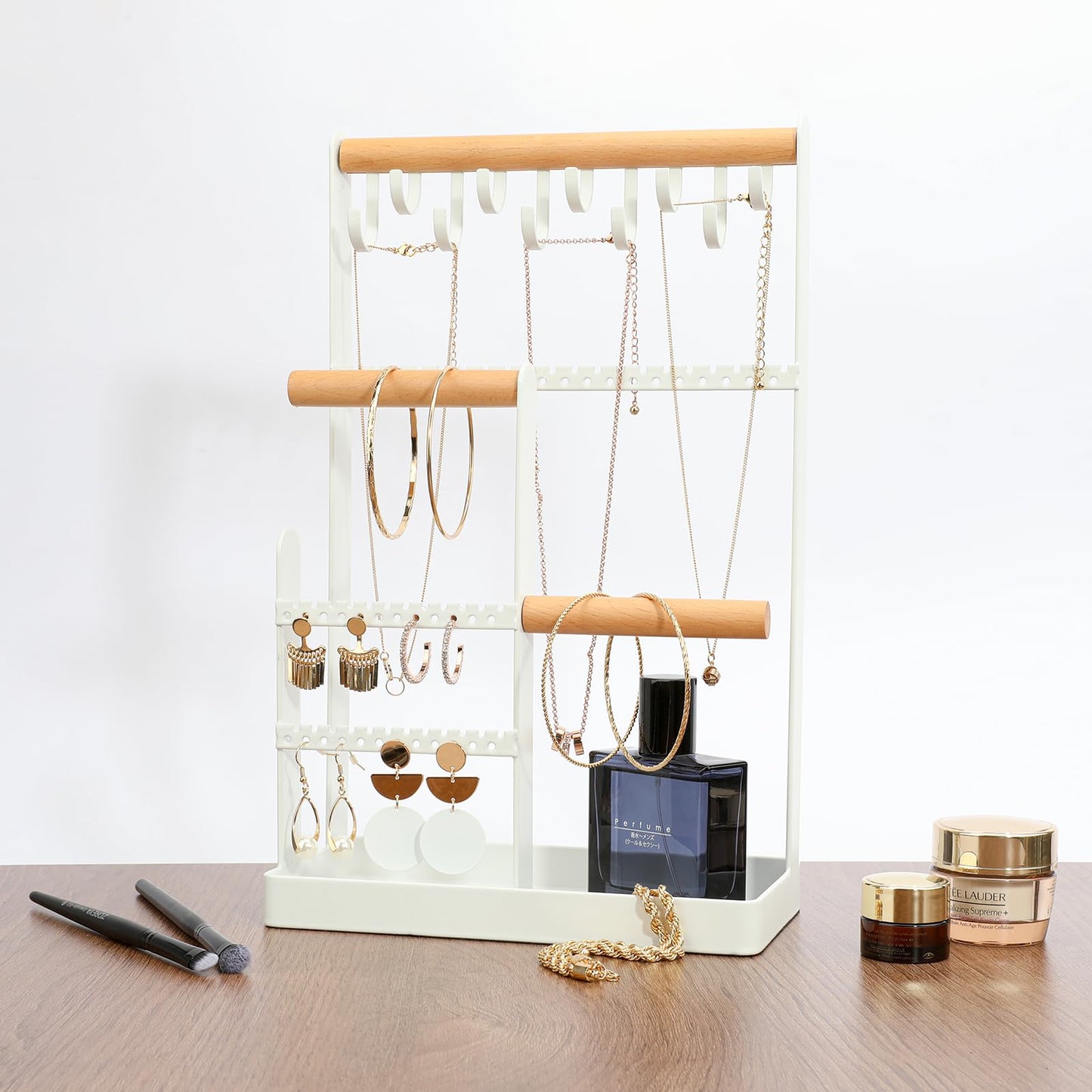 V-LAFUYLIFE Jewelry Organizer Stand Necklace Holder, 6-Tier Jewelry Tree Stand Organizer with Bracelet Holder Ring Tray and 10 Hooks 88 Holes for Earring Holder Jewelry Tower Rack -White