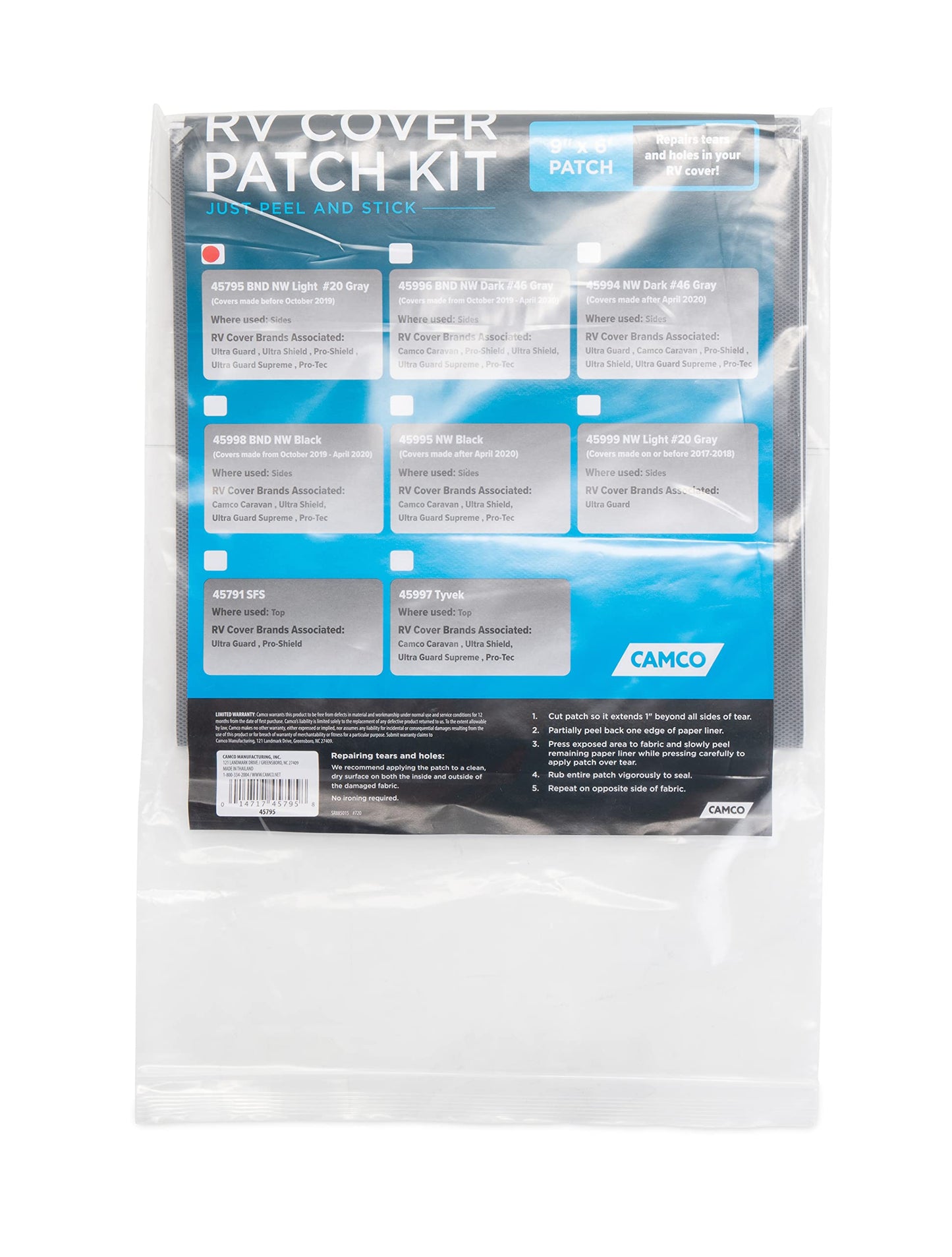 Camco ULTRAGuard Camper & RV Cover Patch Kit - Repairs Holes and Tears in Trailer Cover - Features Easy Peel & Stick Application - 9-Inches x 6-Feet (45795)