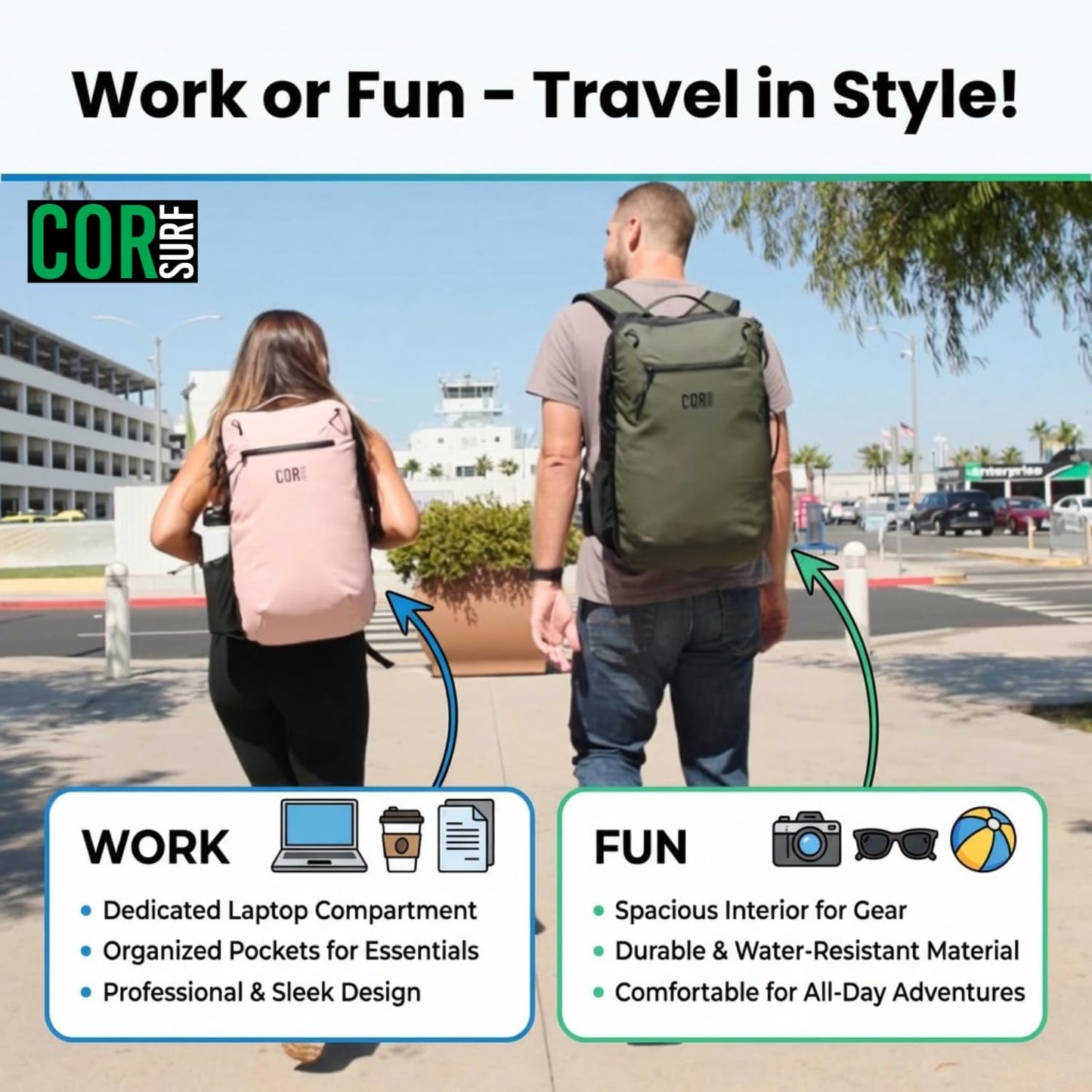 COR Surf Travel Backpack Carry On Backpack for Airplanes - Travel Backpack with Clamshell Design The Island Hopper - 40L Pink