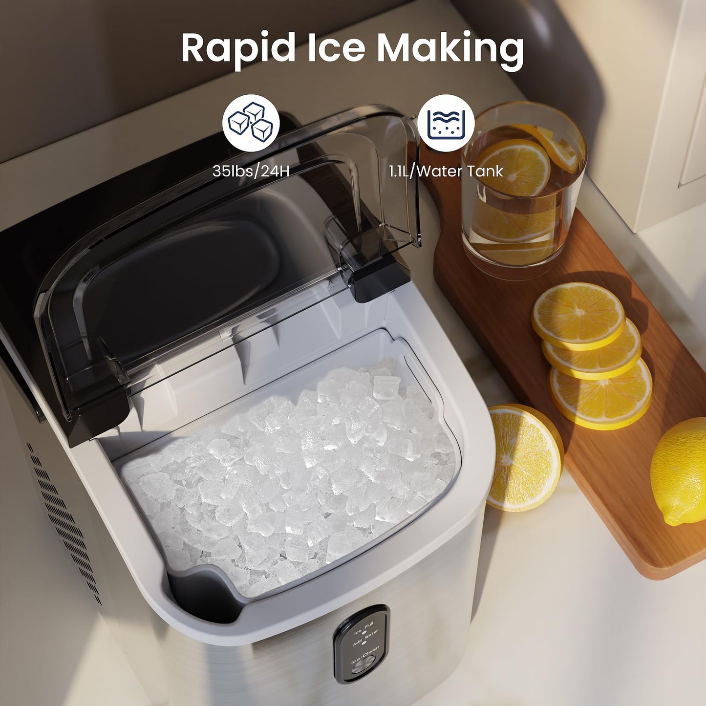 Antarctic Star Nugget Ice Makers Countertop with Self-Cleaning, 35lbs/24H, Portable Sonic Ice Maker Machine with Handle/Basket/Scoop for Home, Kitchen, Office, Camping(Stainless Steel Silver)