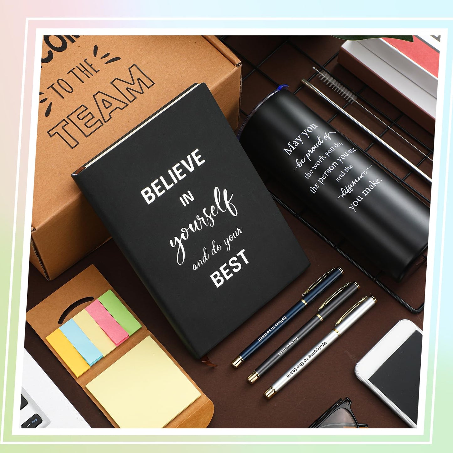 Teenyyou 7 Pcs New Employee Welcome to The Team Gift Set for Him or Her Welcome to The Team Gift Box Holiday Gifts Include 20oz Tumbler Notebook Pens and Sticky Note for New Employee Worker(Black)