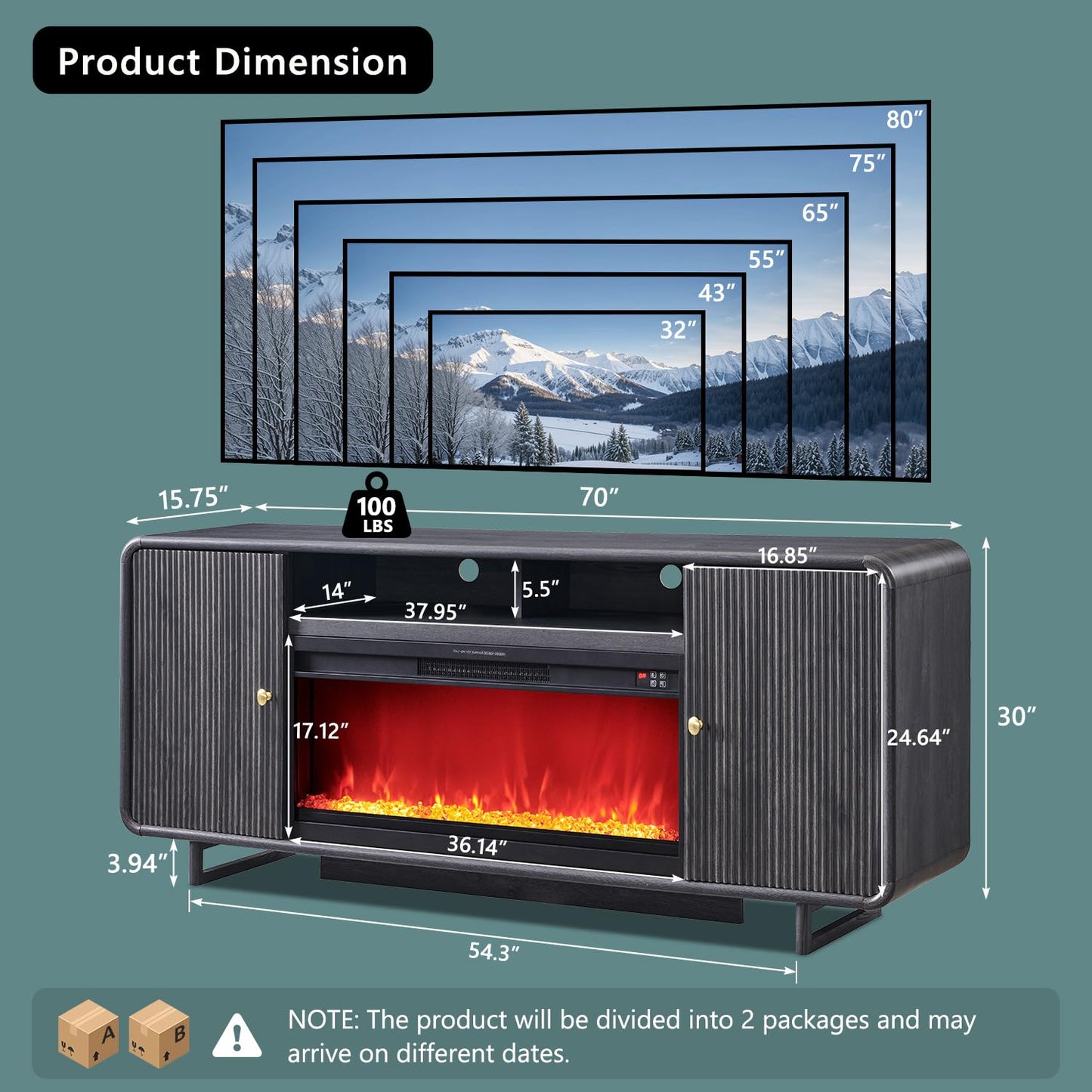 IFGET 70" Fluted Fireplace TV Stand for 80 Inch TV, Modern Entertainment Center w/36'' Electric Fireplace, Wood Media Console w/Curved Profile Design and Adjustable Shelves for Living Room, Dark Grey