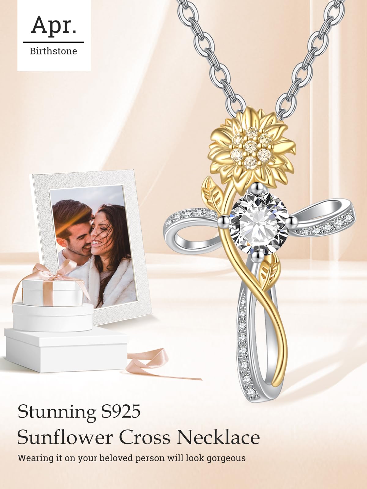 Zeuslia Cross Necklace for Women Sterling Silver Cross Pendant Jewelry with Sunflower CZ April Birthstone Necklace Christian Religious Baptism First Communion Confirmation Birthday Gifts for Women