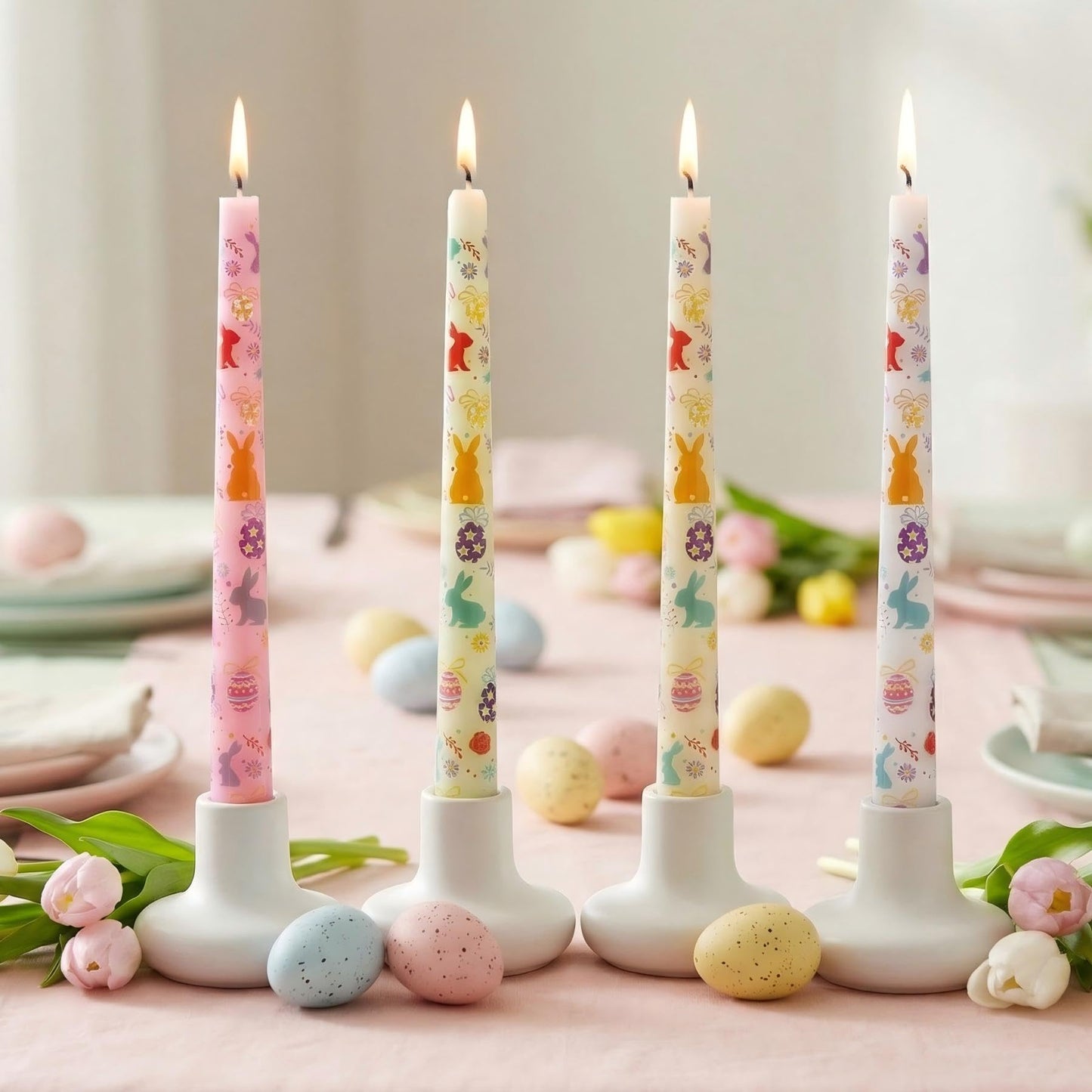 FYBW 4 Pack Easter Printed Taper Candles, 10" Long Decorative Candles with Spring Bunny & Egg Design Decorative Candles for Easter Table & Home Decor"