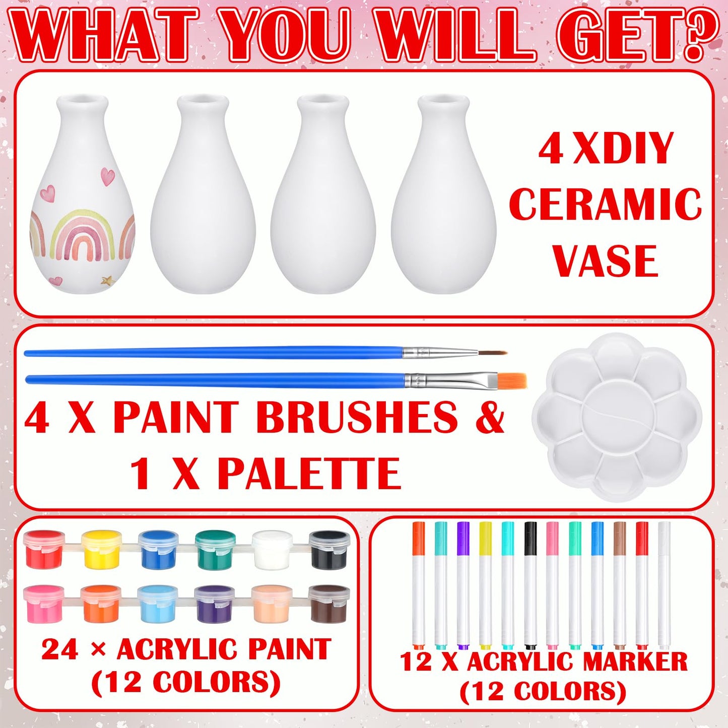 Singhoow 4 Set Father's Day Paint Your Own Porcelain Paint Vase Art Project White Ceramic Painting Kit for Adults Porcelain Vase Decorating Kit Holiday Supplies DIY(Stylish)