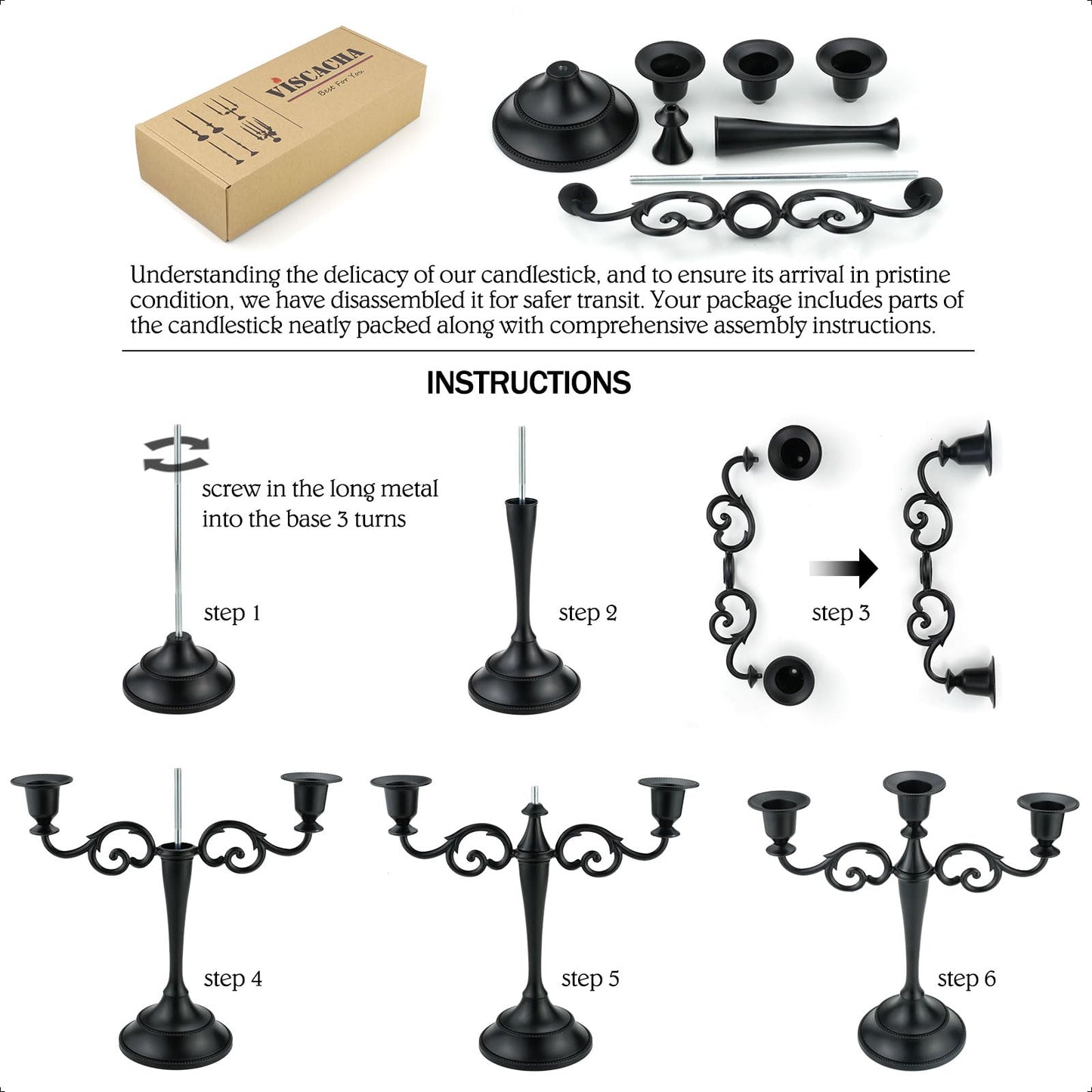 Viscacha 3 Metal Candelabra – Candlesticks Holder for Formal Events, Wedding, Church, Holiday Décor, Halloween – Taper Candle Holder Stand Centerpiece Elegant Decoration Piece for Table,Pure Black