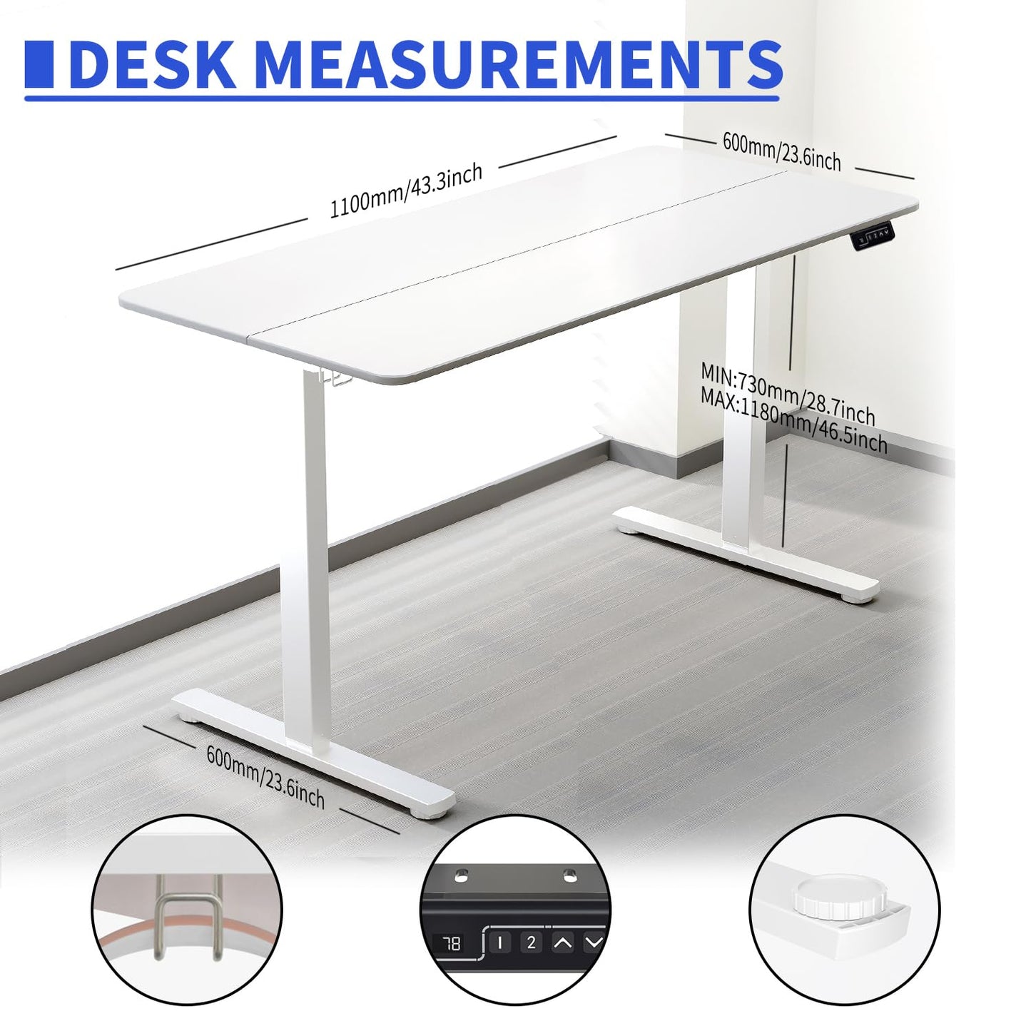 ERGOMAKER 43" Electric Standing Desk, Adjustable Height, Sit Stand Up Desk for Home Office & Computer Workstations, Memory Controller, White