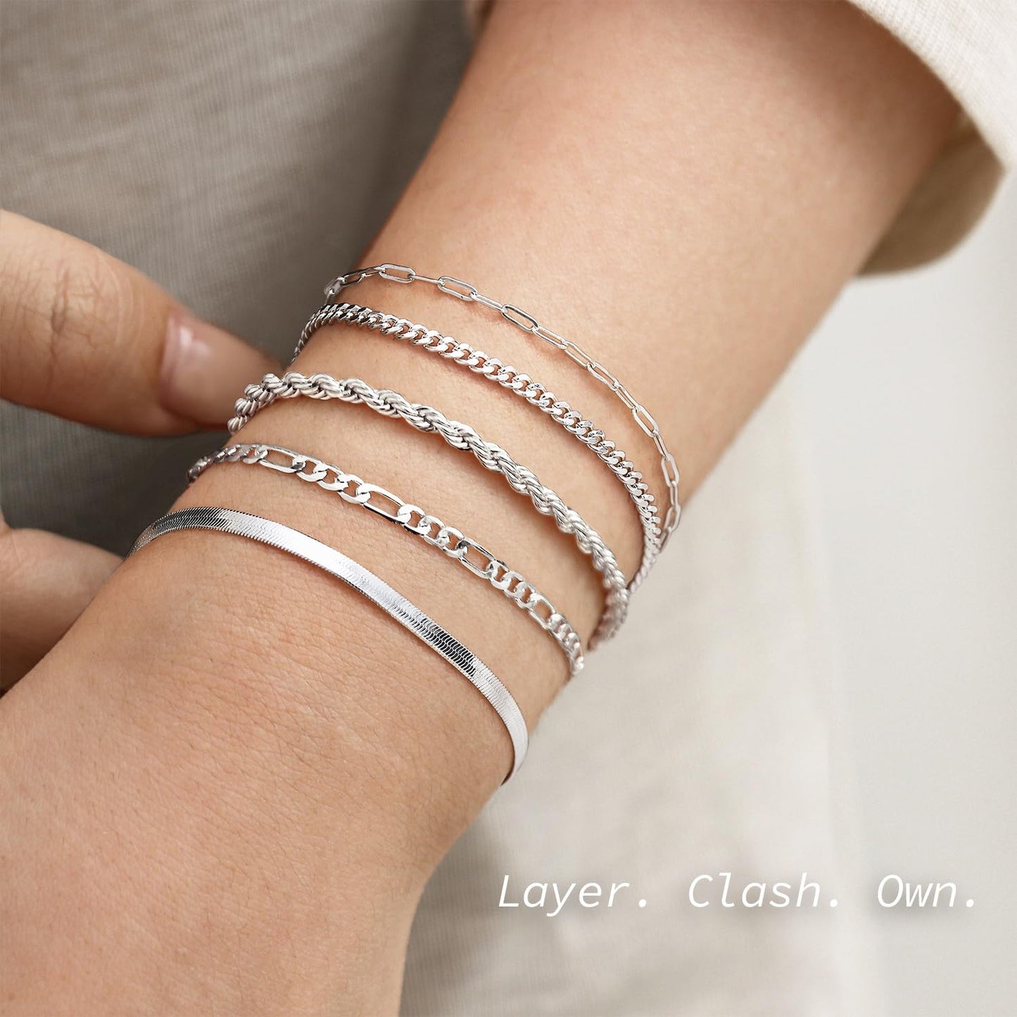 Krfy 5Pcs Silver Bracelets for Women, Gold Plated Bracelet Stack, Non Tarnish Waterproof Bracelets for Women, Fashion Accessories with Paperclip Herringbone Figaro Cuban Twist Chains