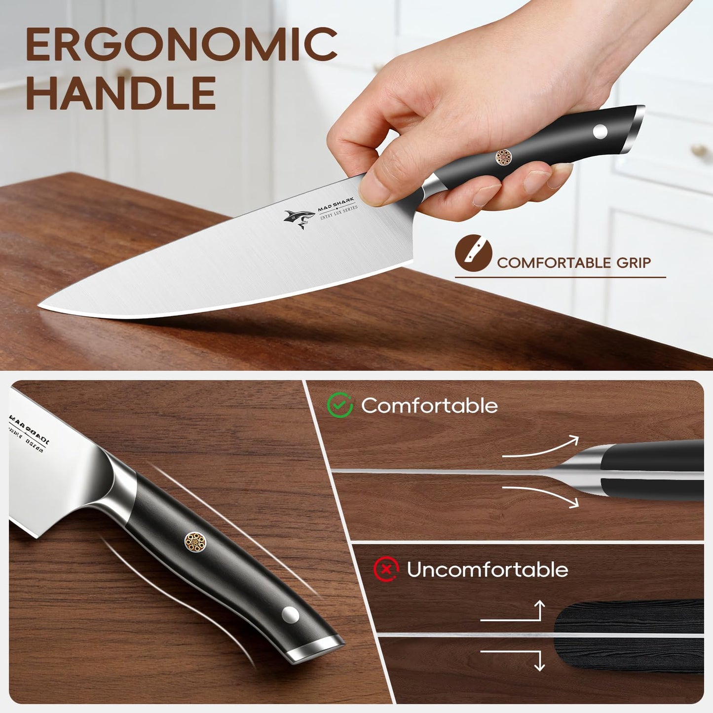 MAD SHARK 11-Piece Kitchen Knife Block Set with Sharpener Rod, Professional German High-Carbon Steel Chef Set,15° Ultra-Sharp Edge,Full-Tang Handle,Valentine Gift for husband Wife Friends