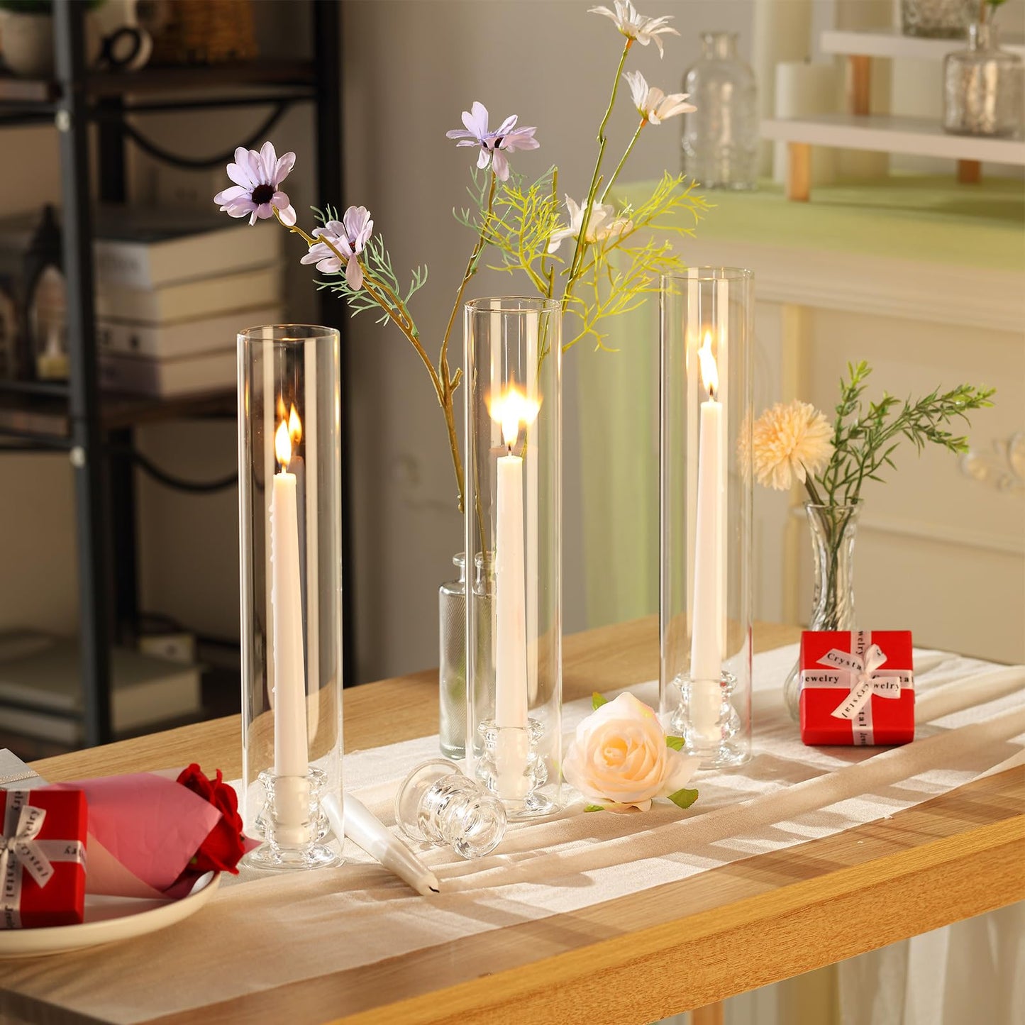 Teenyyou 24 Set Glass Hurricane Candle Holders Bulk 12.6" Open Ended Glass Candleholder Tube Shape Bottomless and 2.2"" Taper Clear Candlestick Holders for Wedding Table Centerpiece (Clear)"