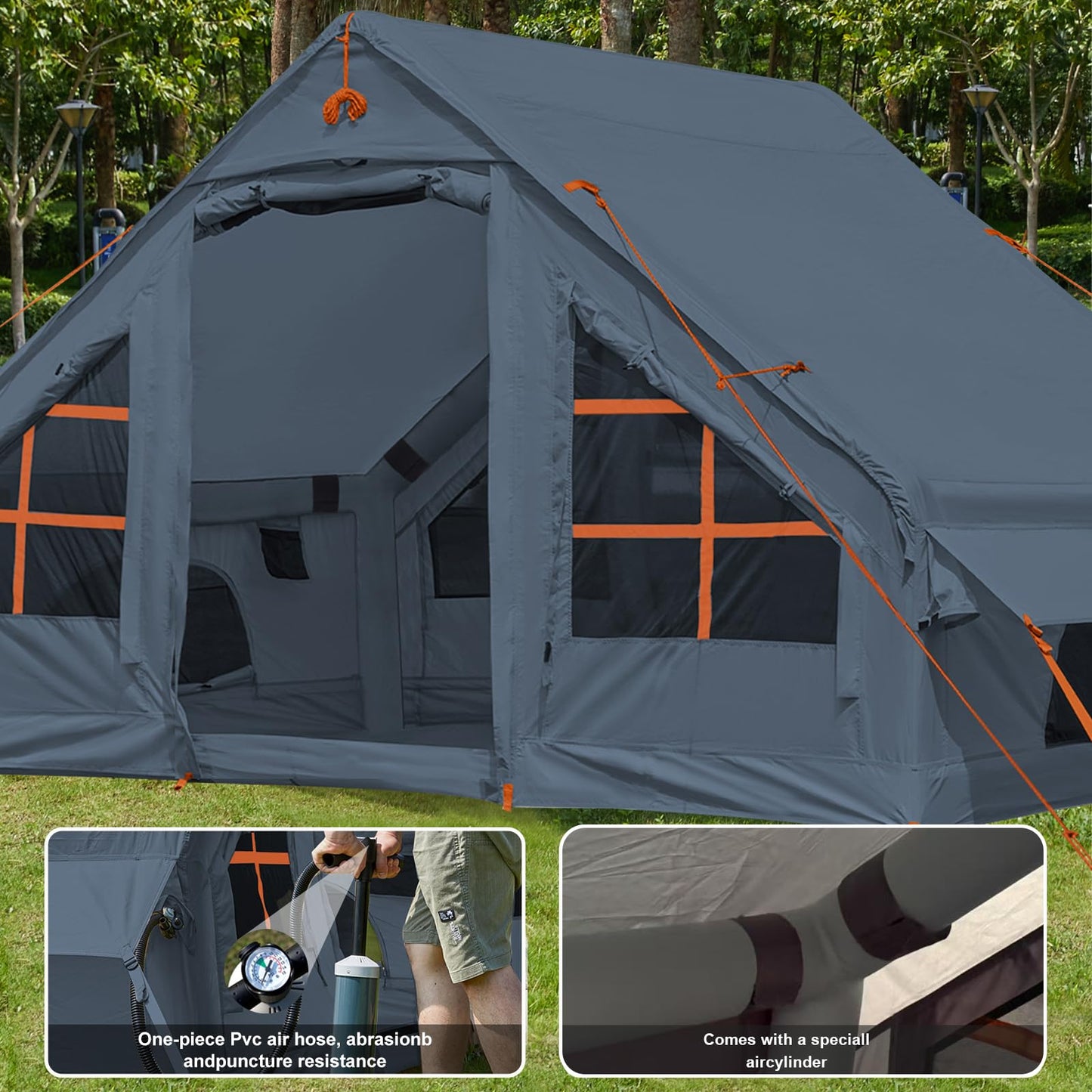 Inflatable Camping Tent with Pump, 4 Person Glamping Tents Sun Shelter, Easy Setup Waterproof Outdoor Oxford Tents, Self-Supporting Structure Inflatable House Tent
