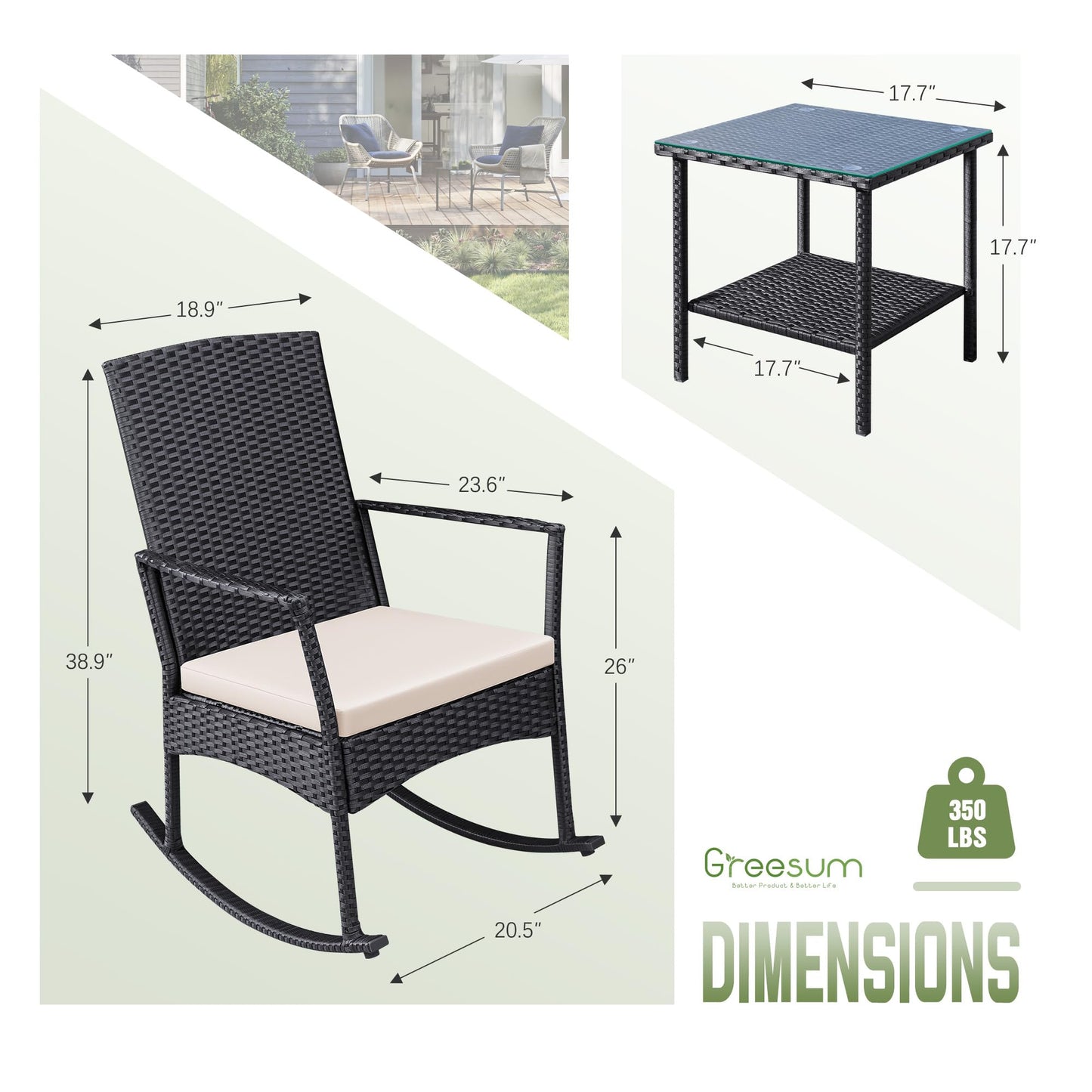 Greesum 3 Pieces Patio Furniture Set Outdoor Wicker Rocking Chairs with Glass Coffee Table for Garden Backyard Porch Poolside, Beige