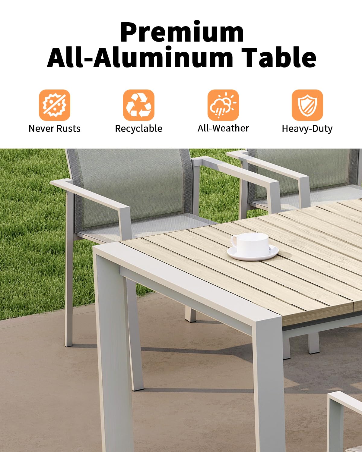 SEEHILL Extendable Outdoor Dining Table for 6-10 Person, 85"-107" Oversized Rectangular Patio Dining Table, Never-Rust Aluminum Expandable Dining Table with Faux Wood Grain Tabletop for Deck, Garden